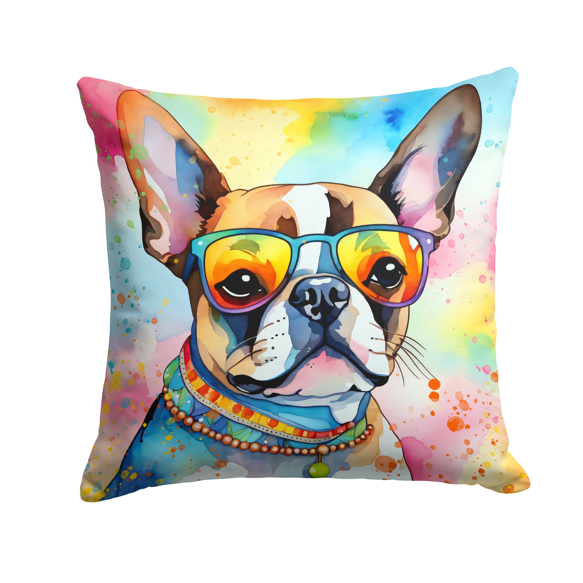 Buy this Boston Terrier Hippie Dawg Fabric Decorative Pillow