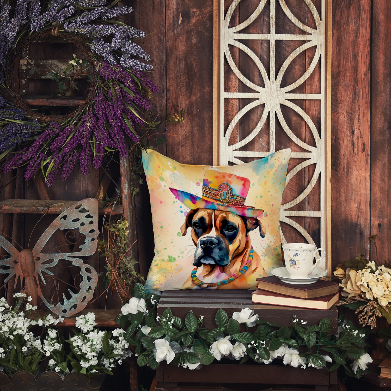 Boxer Hippie Dawg Fabric Decorative Pillow