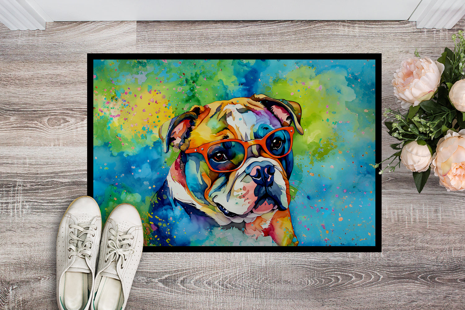 English Bulldog Hippie Dawg Indoor or Outdoor Mat 24x36