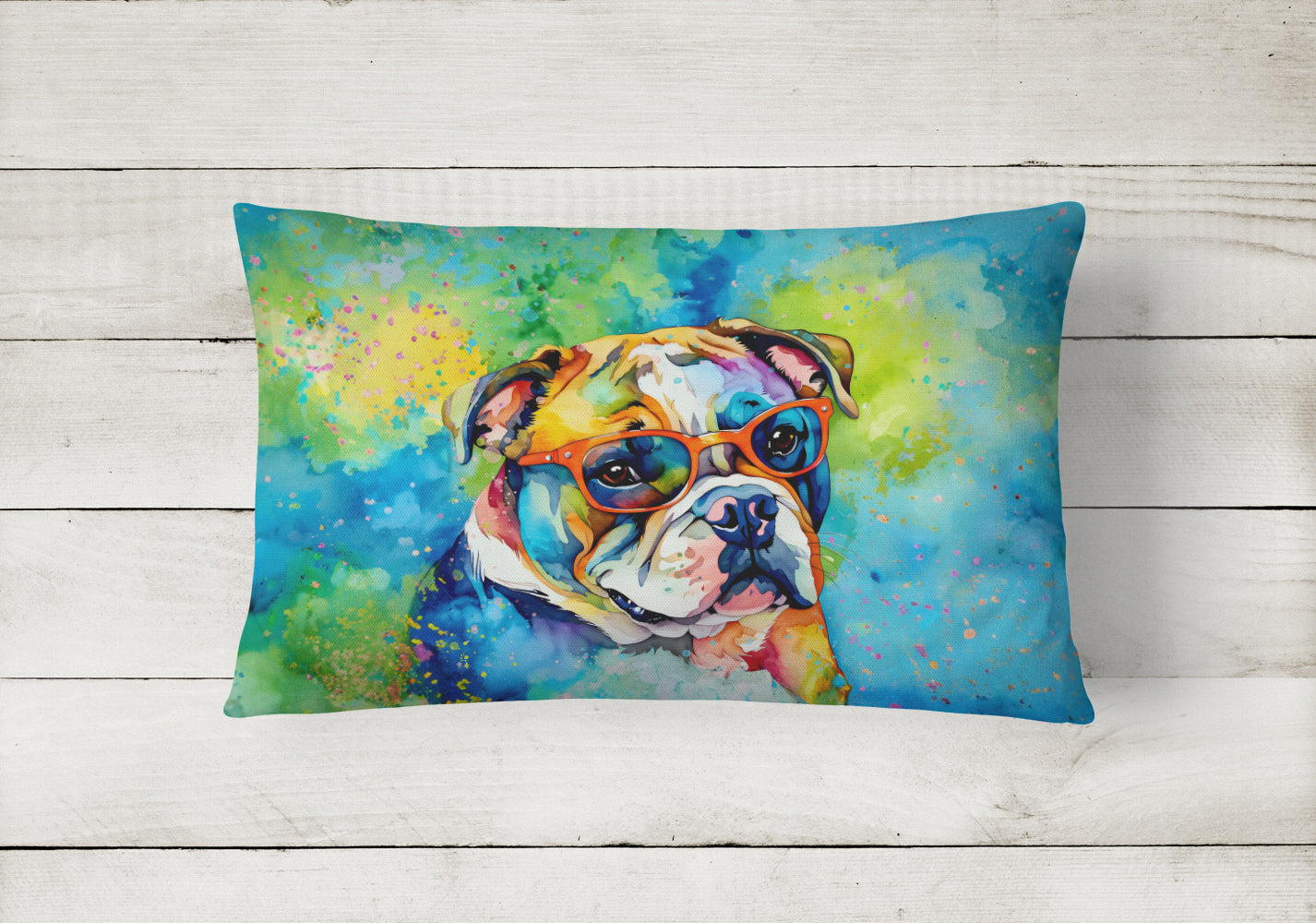 English Bulldog Hippie Dawg Fabric Decorative Pillow