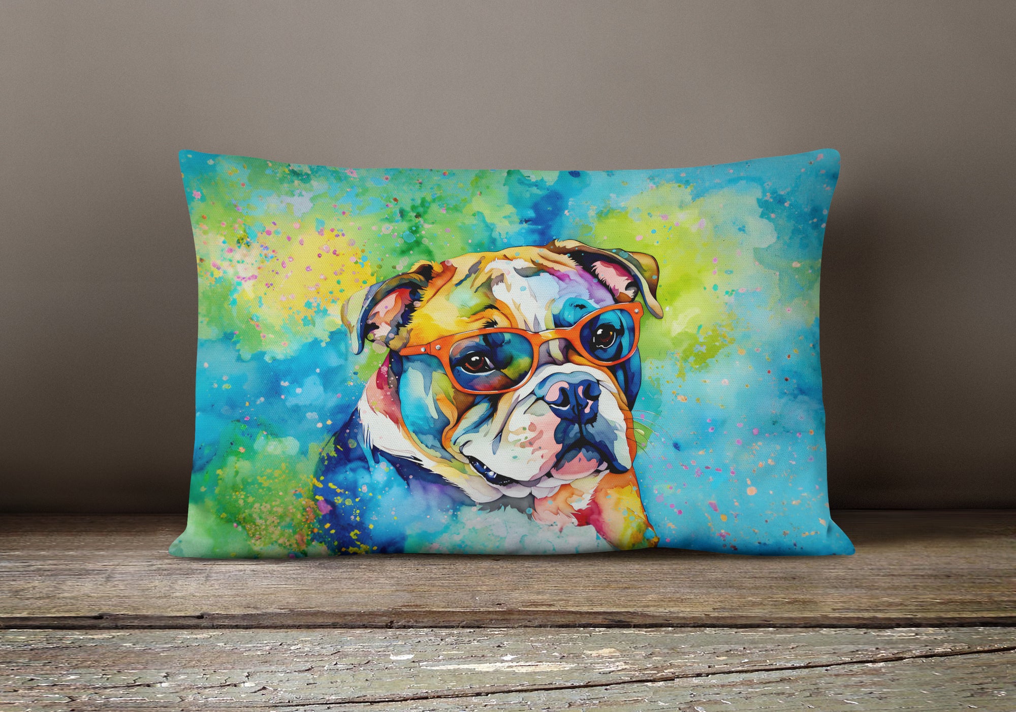 English Bulldog Hippie Dawg Fabric Decorative Pillow