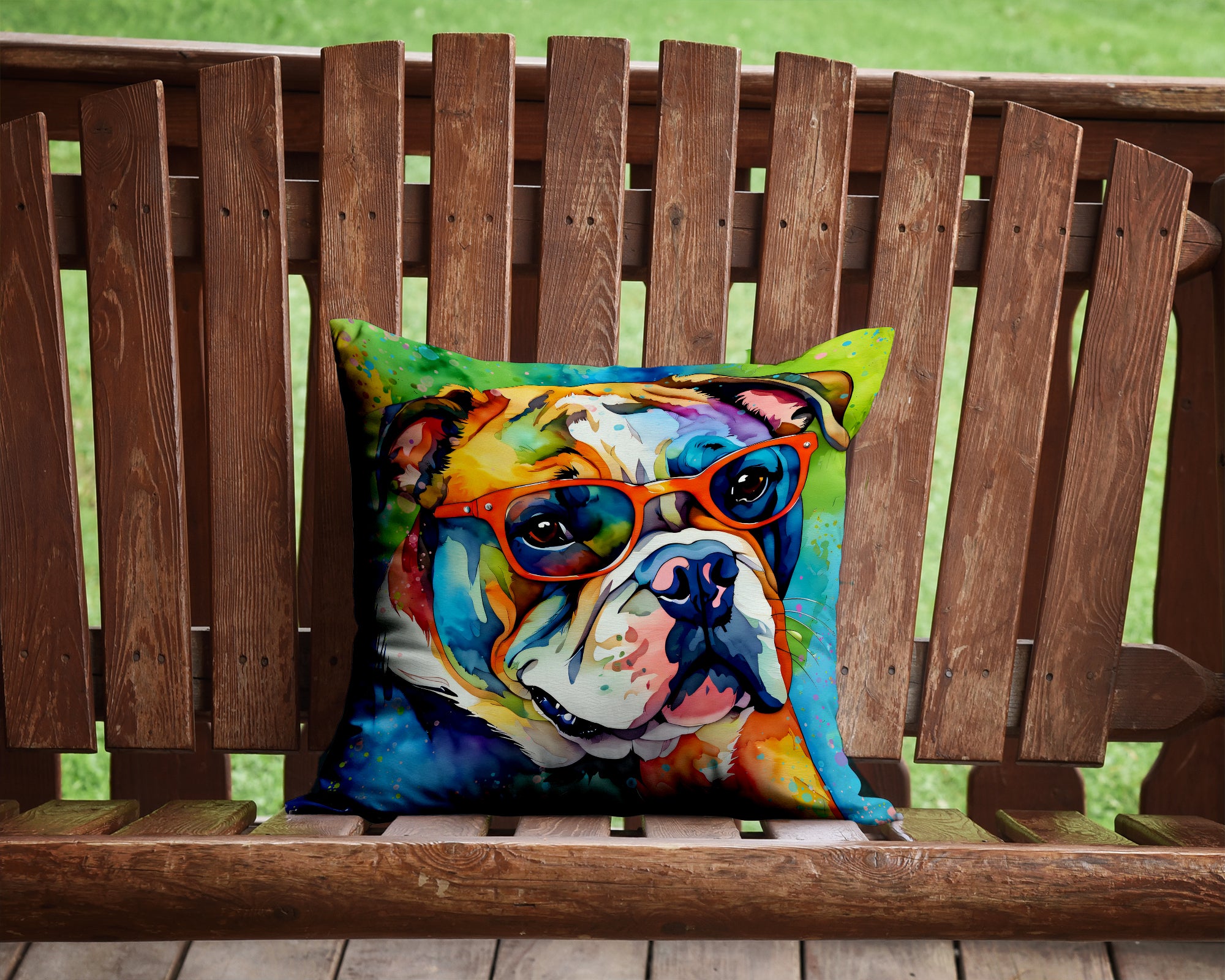 English Bulldog Hippie Dawg Fabric Decorative Pillow  the-store.com.