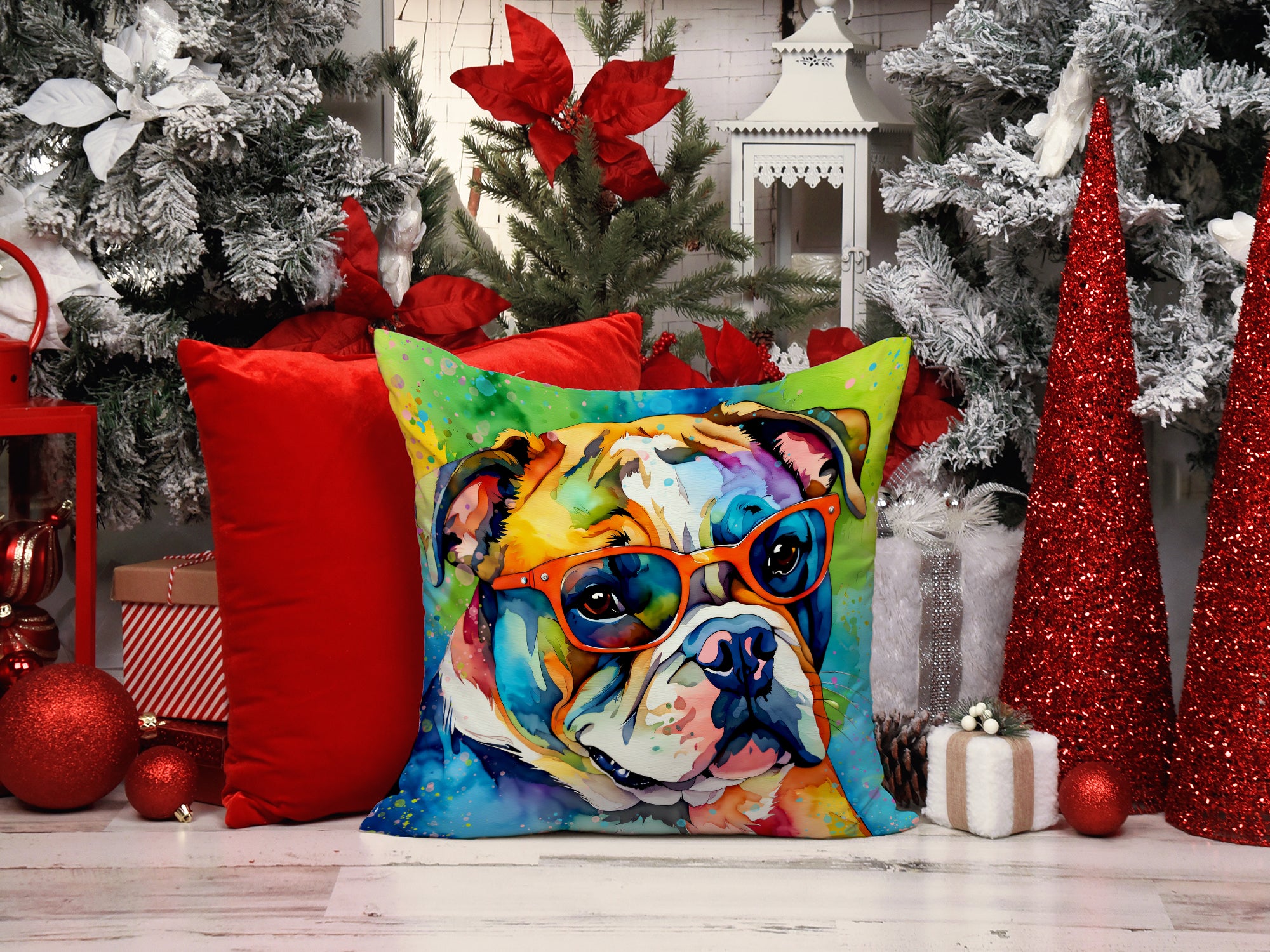 English Bulldog Hippie Dawg Fabric Decorative Pillow