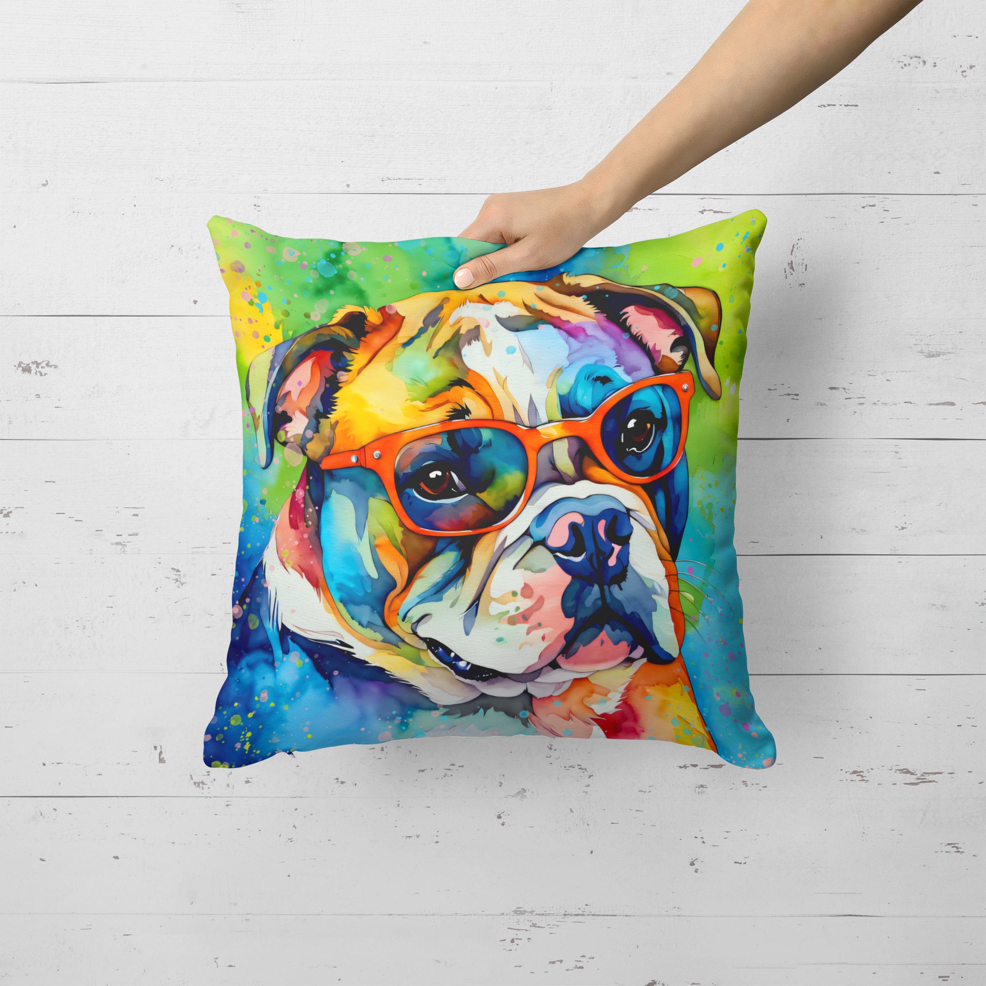 English Bulldog Hippie Dawg Fabric Decorative Pillow  the-store.com.