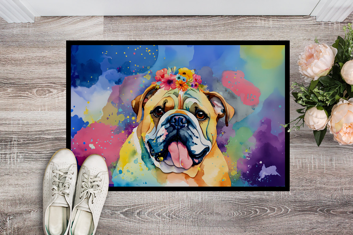 English Bulldog Hippie Dawg Indoor or Outdoor Mat 24x36