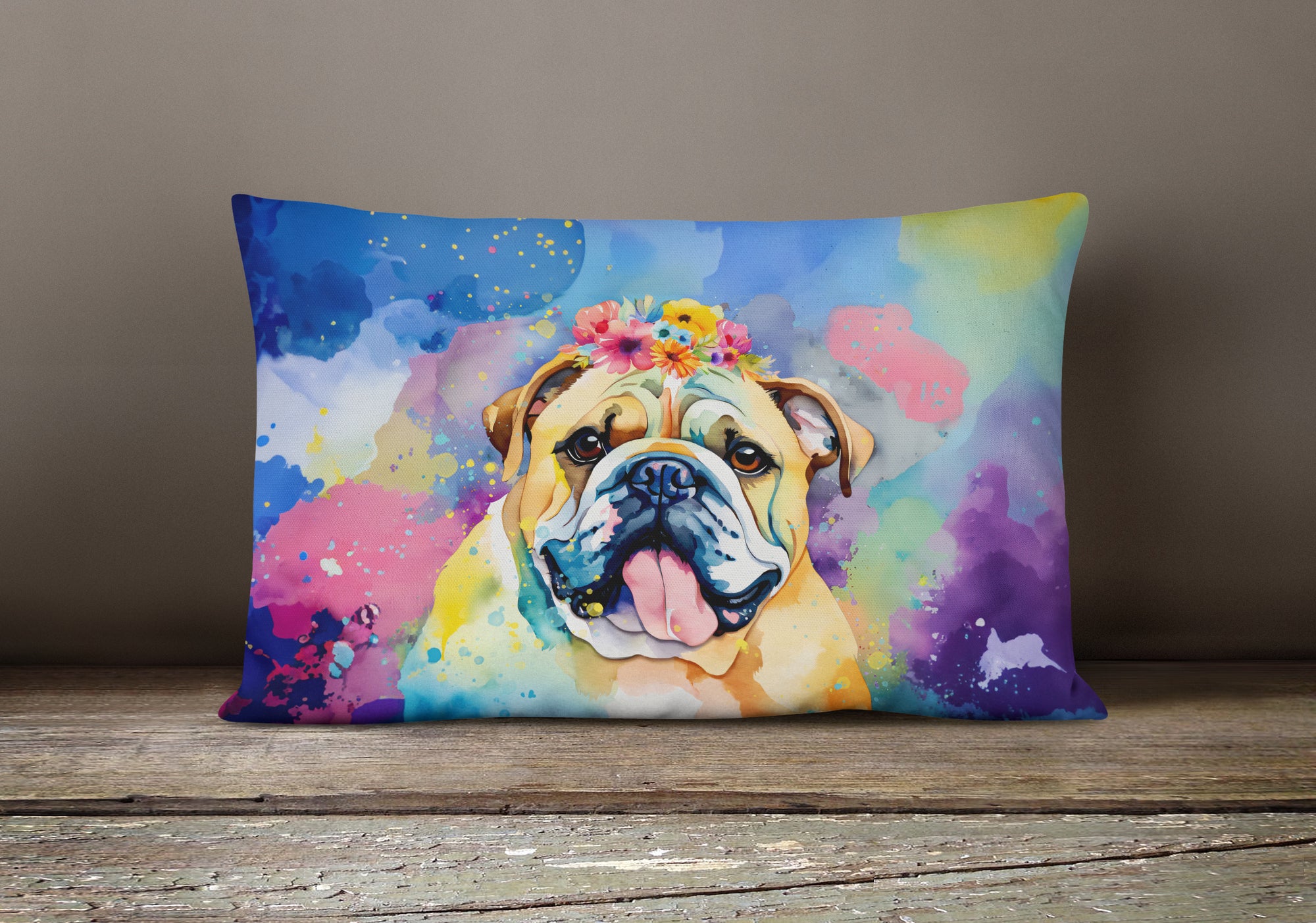 English Bulldog Hippie Dawg Fabric Decorative Pillow