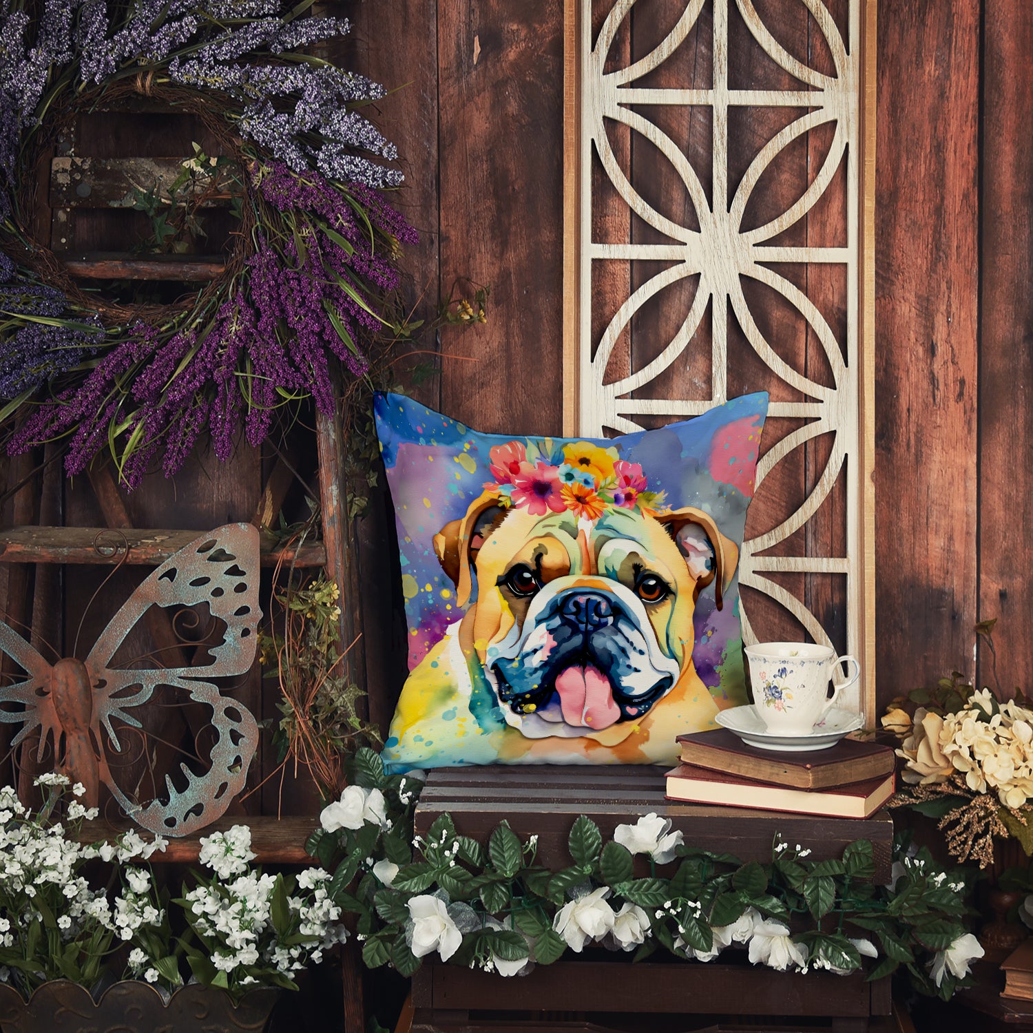 English Bulldog Hippie Dawg Fabric Decorative Pillow  the-store.com.