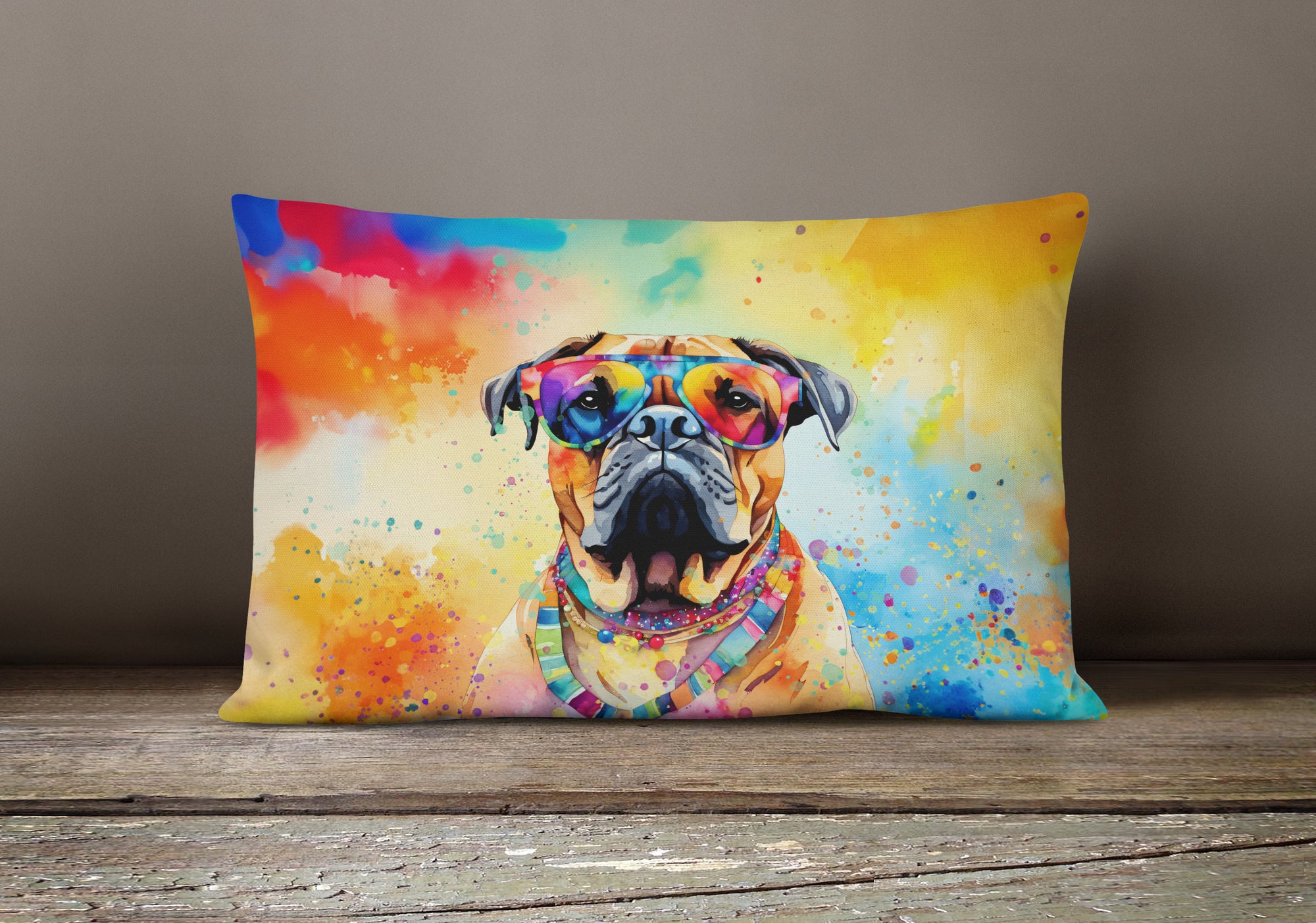 Bullmastiff Hippie Dawg Fabric Decorative Pillow