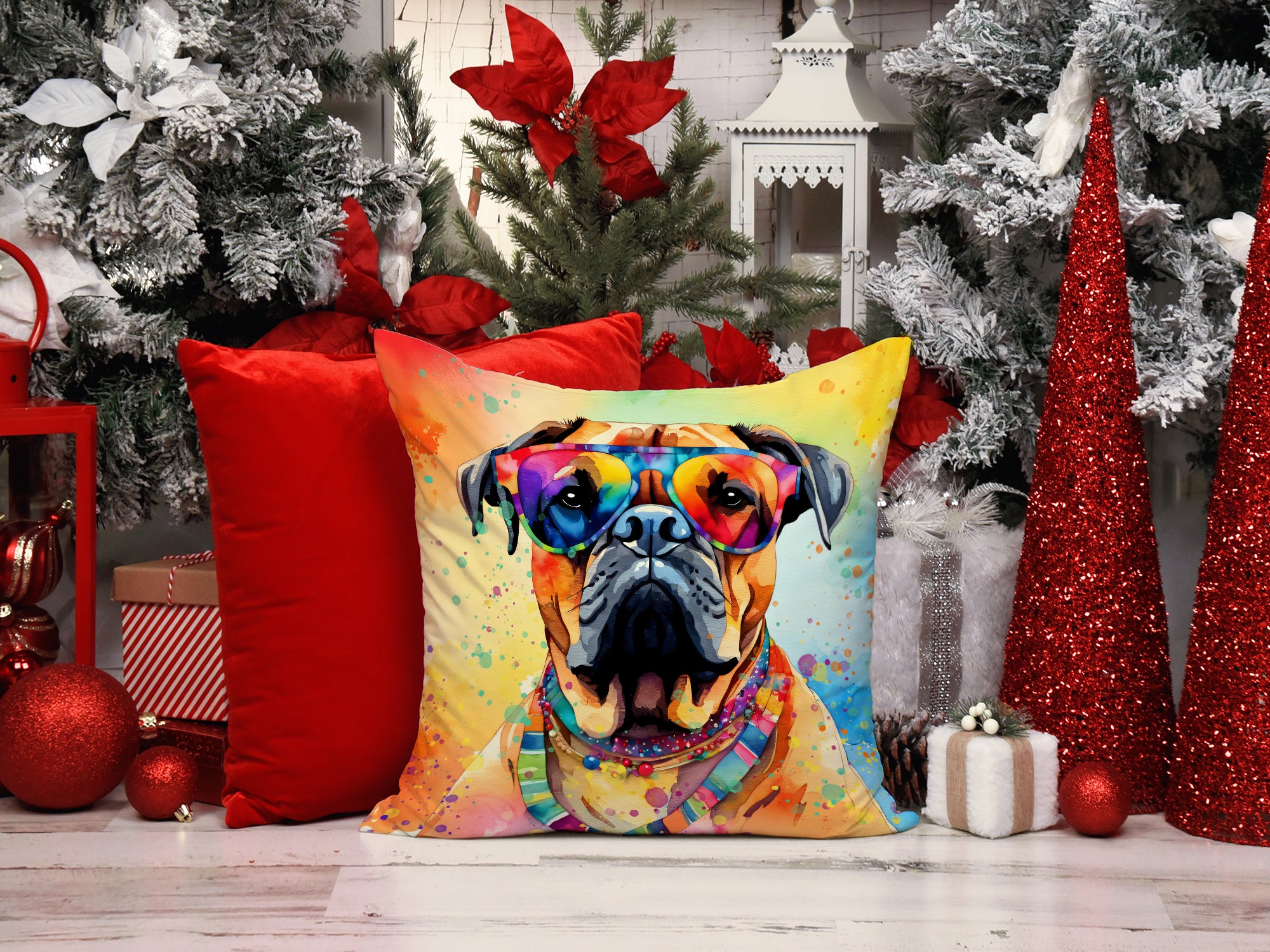 Bullmastiff Hippie Dawg Fabric Decorative Pillow