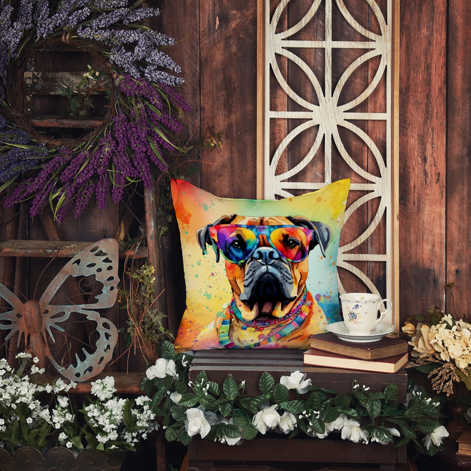 Bullmastiff Hippie Dawg Fabric Decorative Pillow