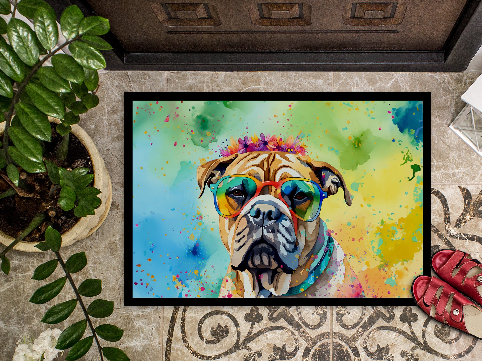 Bullmastiff Hippie Dawg Indoor or Outdoor Mat 24x36