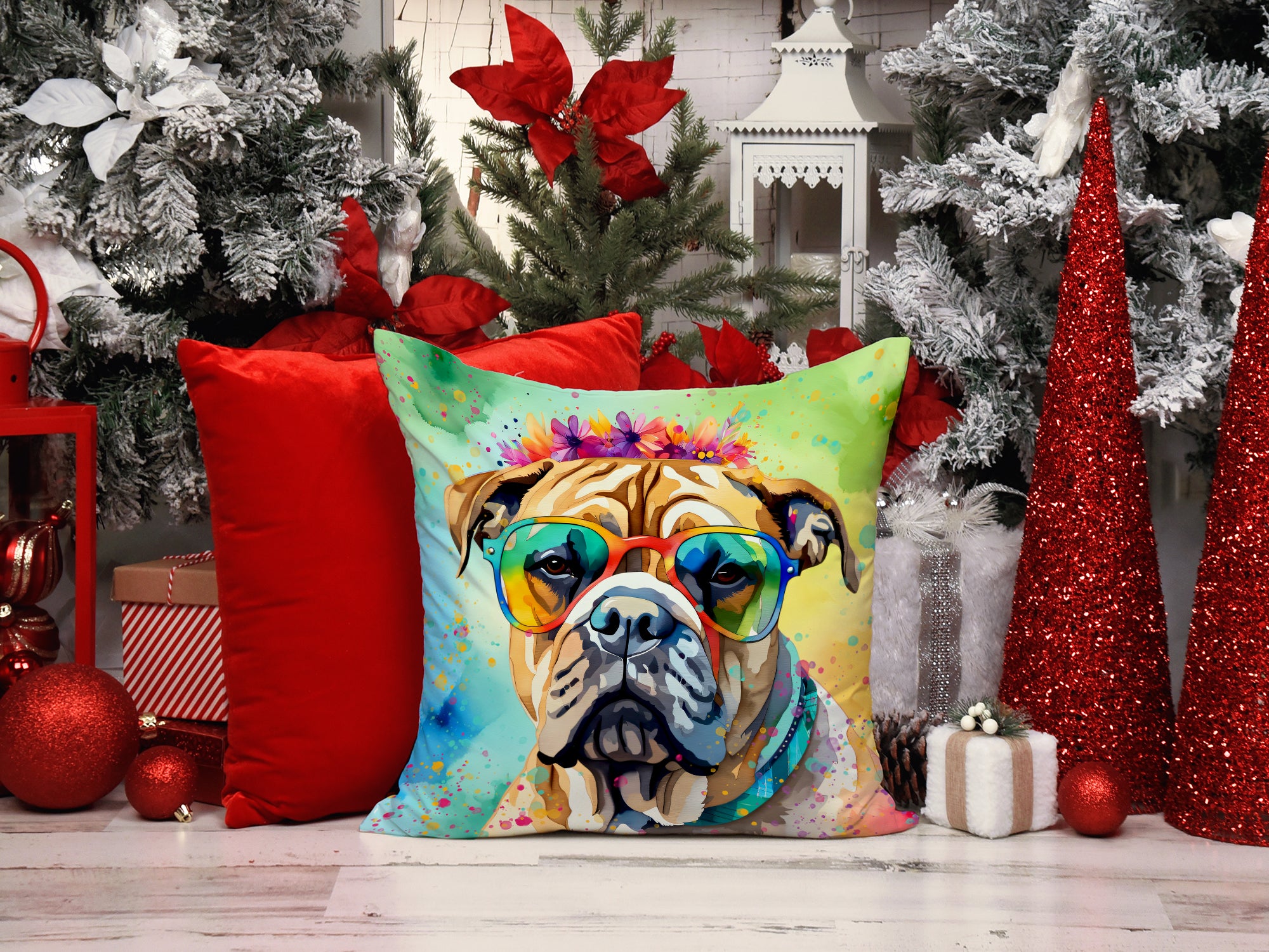 Bullmastiff Hippie Dawg Fabric Decorative Pillow