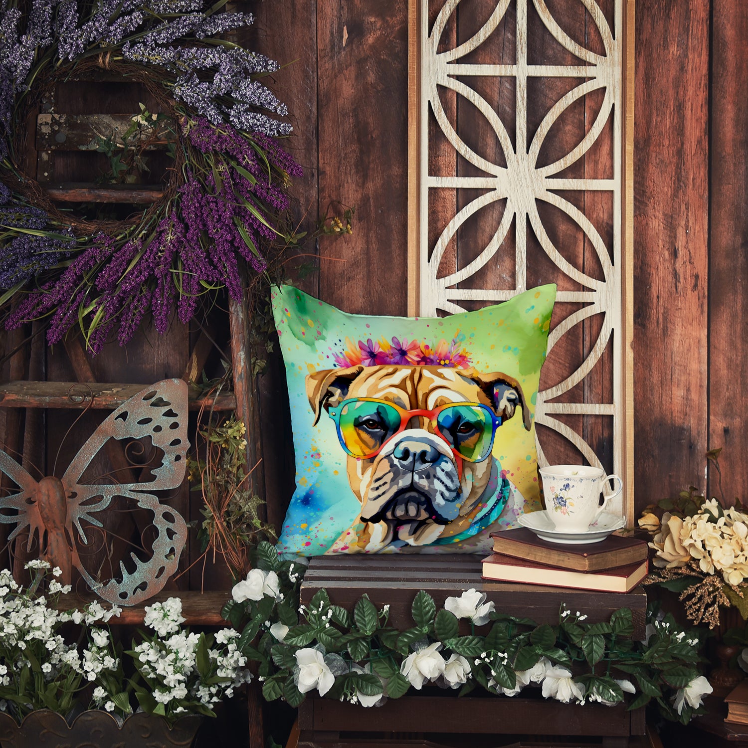 Bullmastiff Hippie Dawg Fabric Decorative Pillow