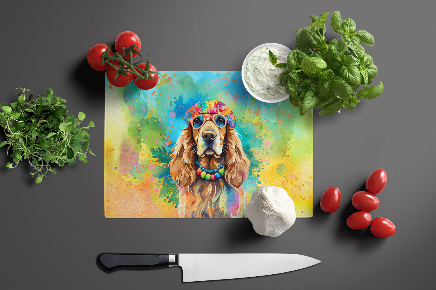 Cocker Spaniel Hippie Dawg Glass Cutting Board Large