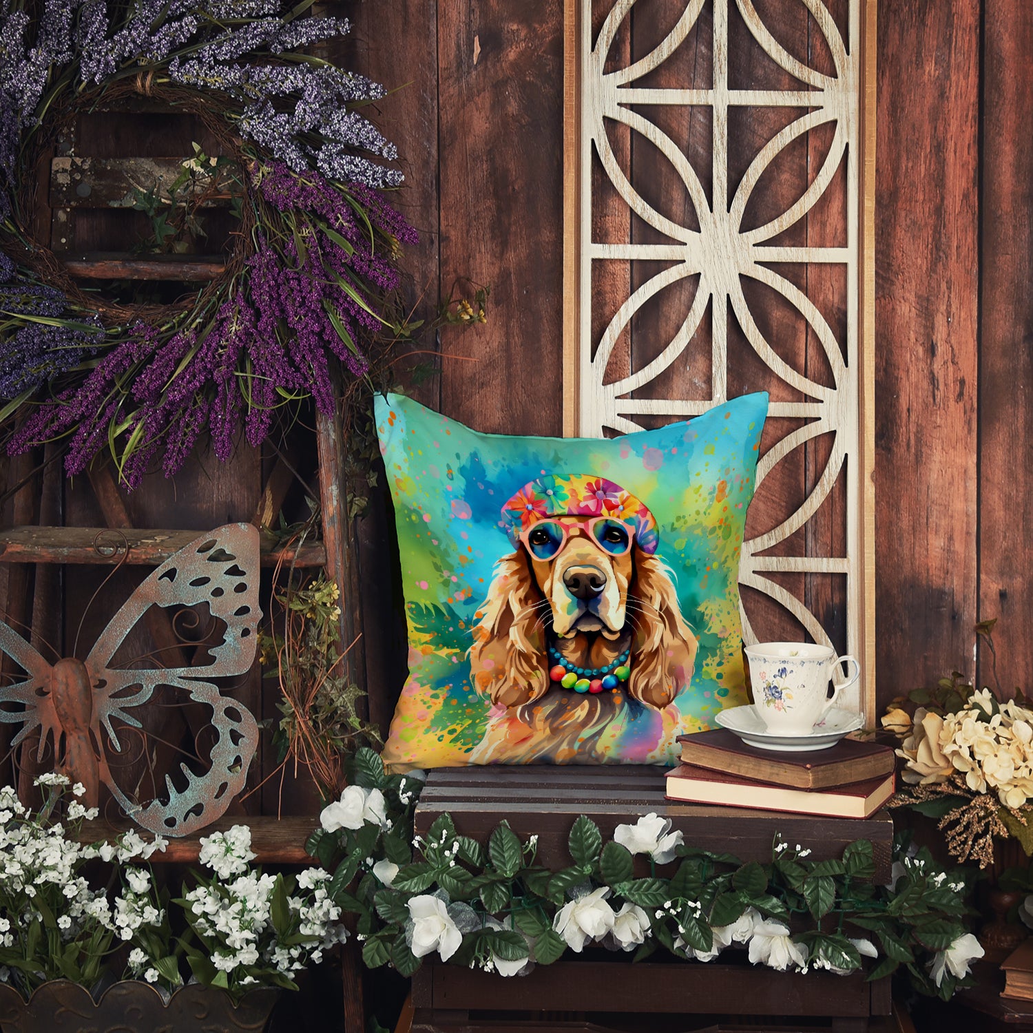 Cocker Spaniel Hippie Dawg Fabric Decorative Pillow  the-store.com.