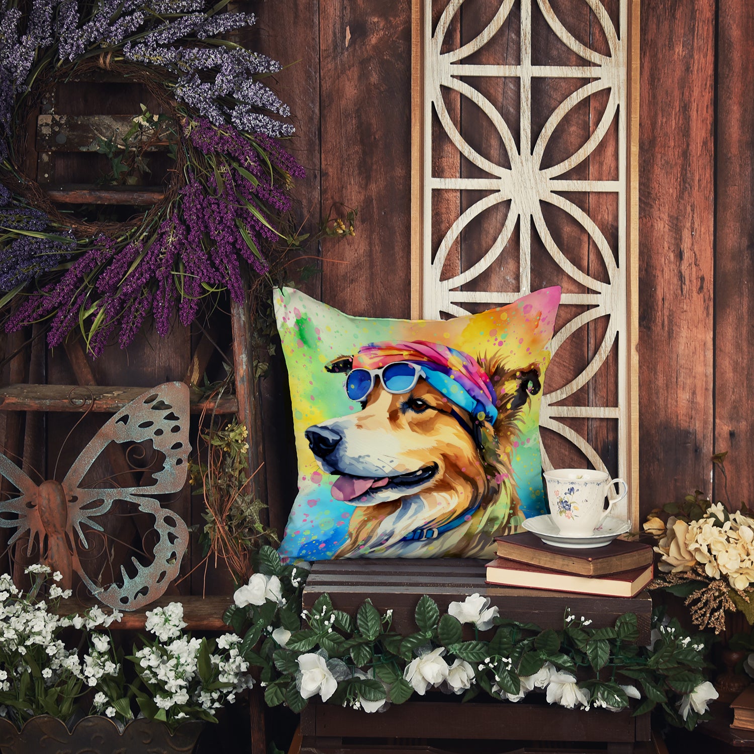 Collie Hippie Dawg Fabric Decorative Pillow