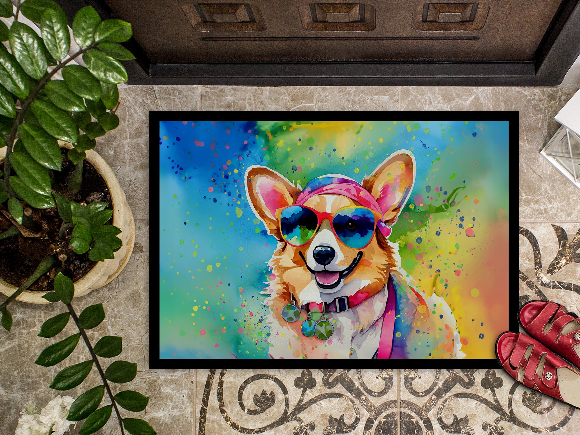 Corgi Hippie Dawg Indoor or Outdoor Mat 24x36