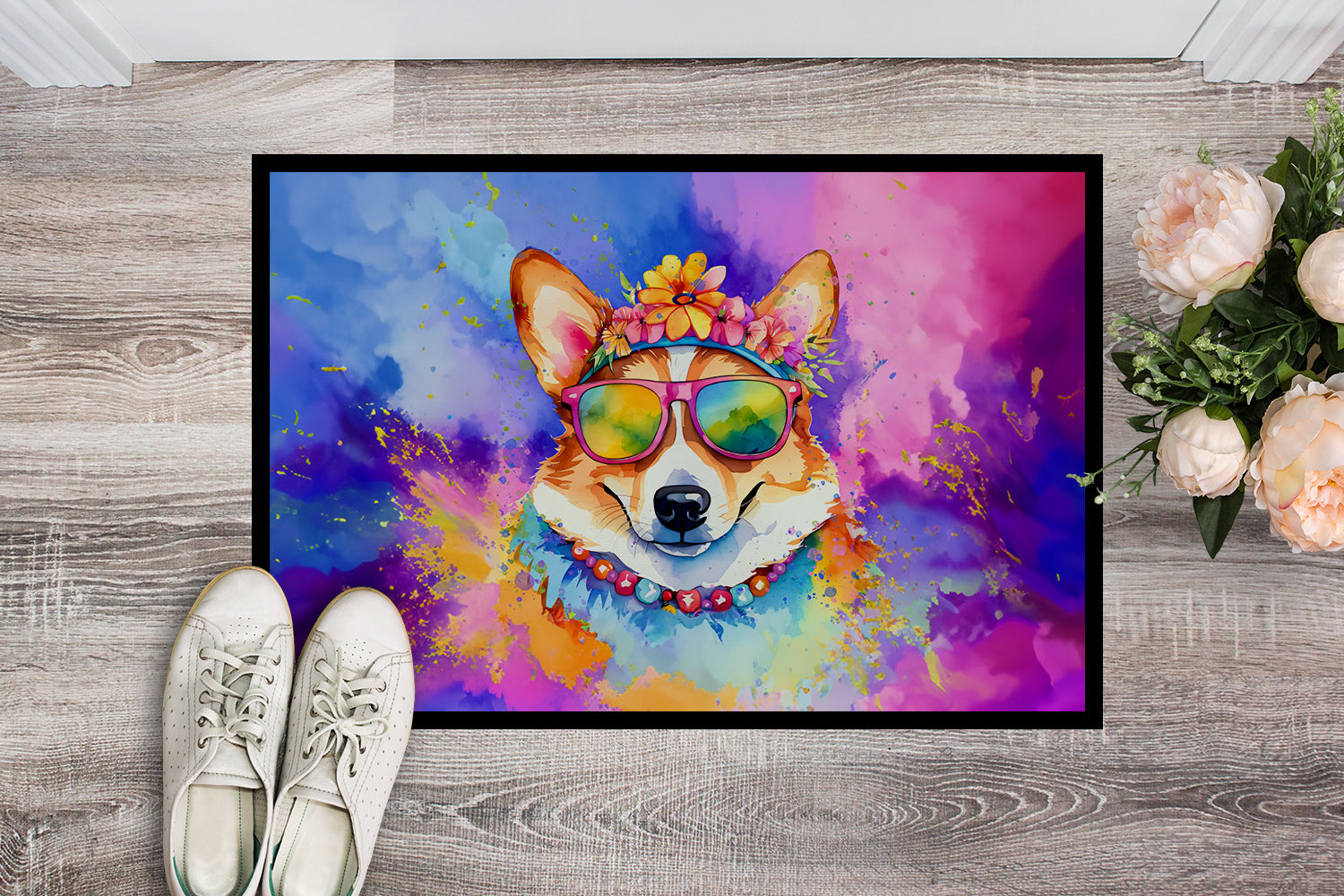 Buy this Corgi Hippie Dawg Indoor or Outdoor Mat 24x36