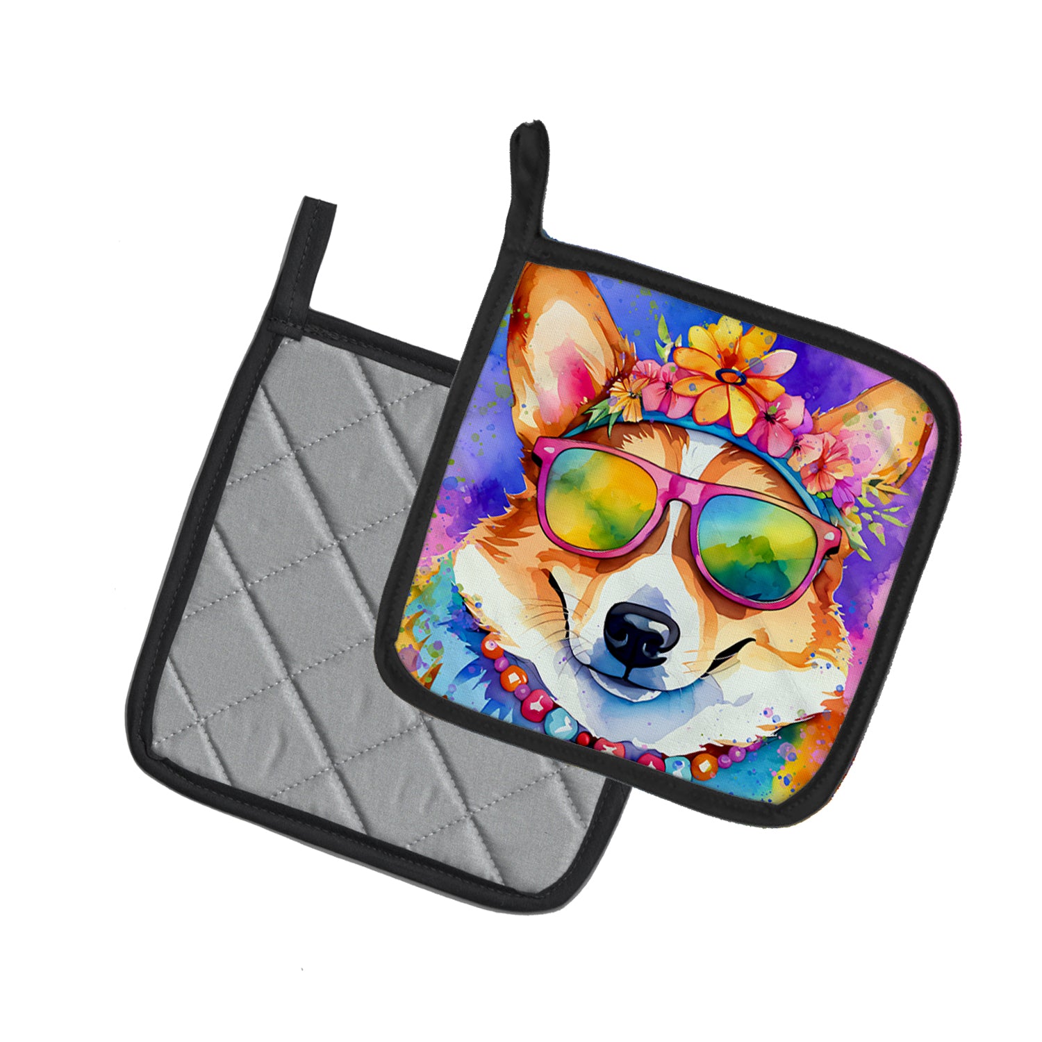 Corgi Hippie Dawg Pair of Pot Holders