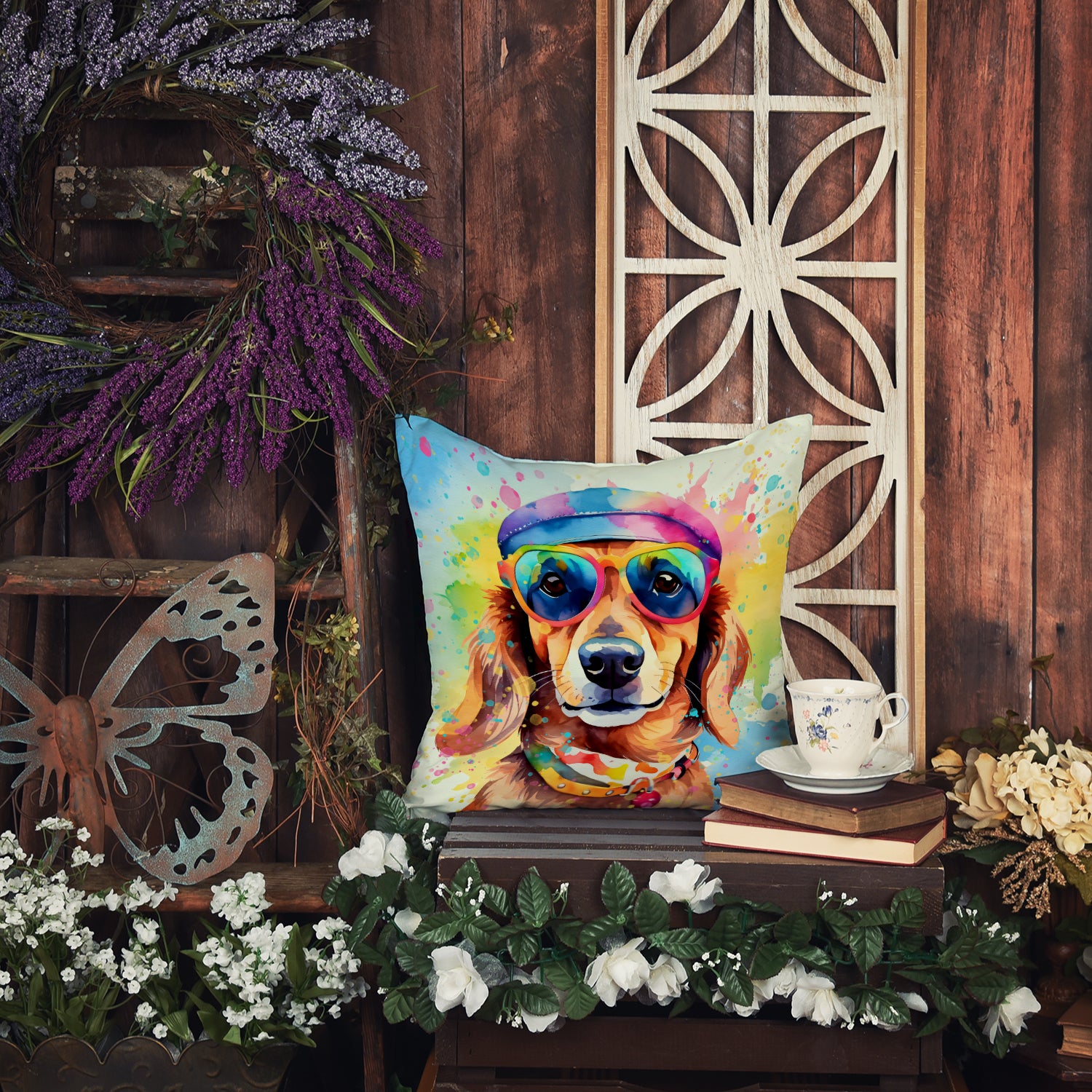 Dachshund Hippie Dawg Fabric Decorative Pillow