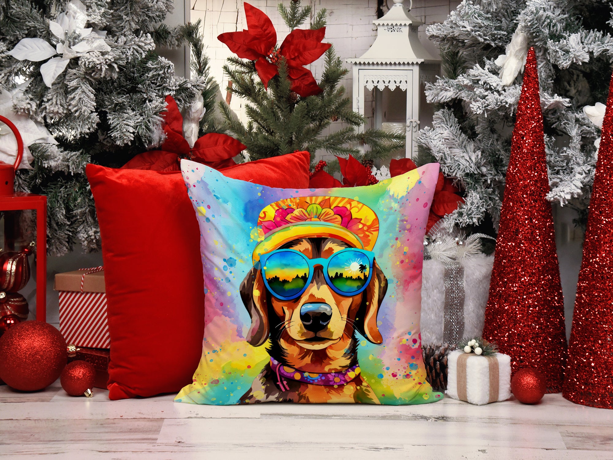 Dachshund Hippie Dawg Fabric Decorative Pillow