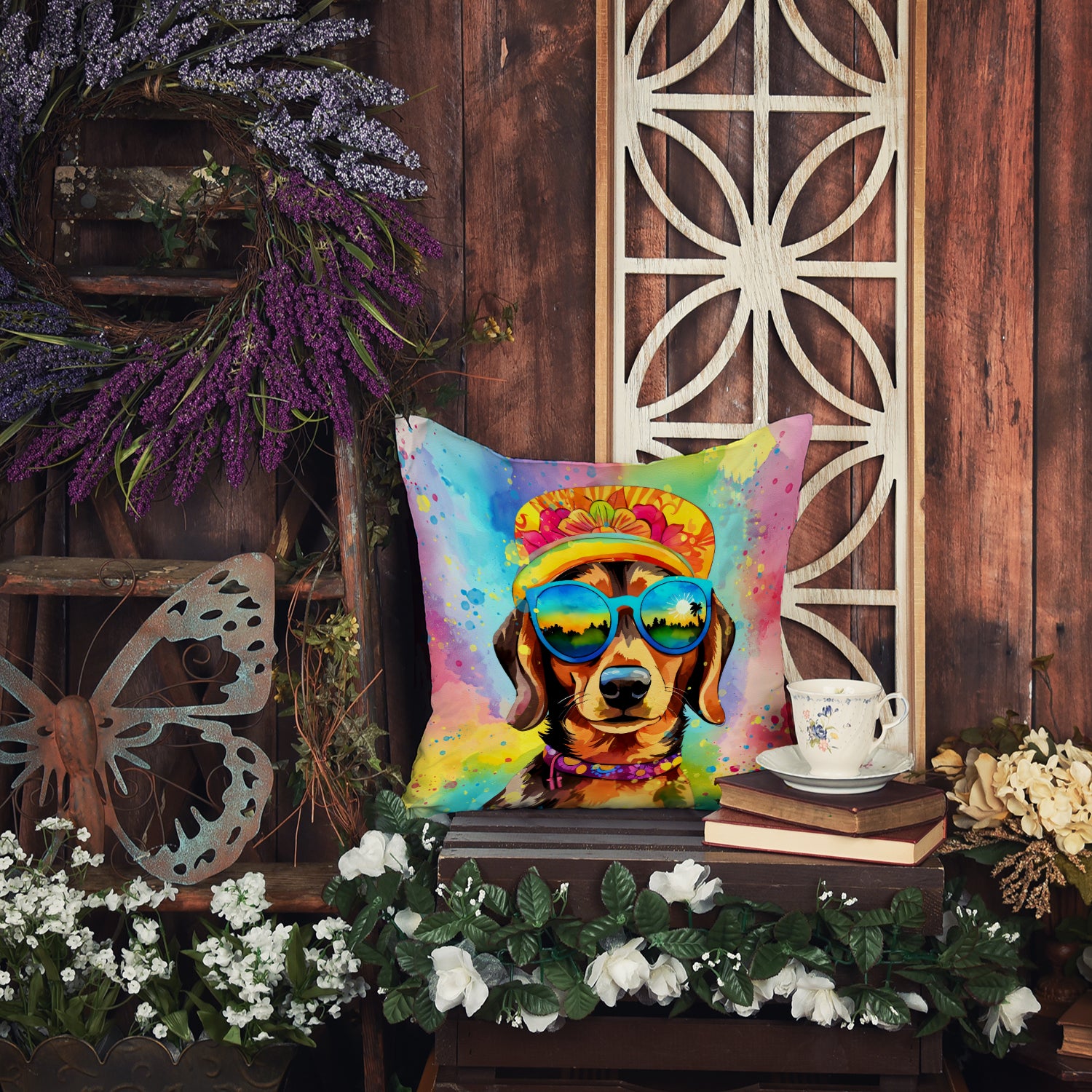 Dachshund Hippie Dawg Fabric Decorative Pillow  the-store.com.