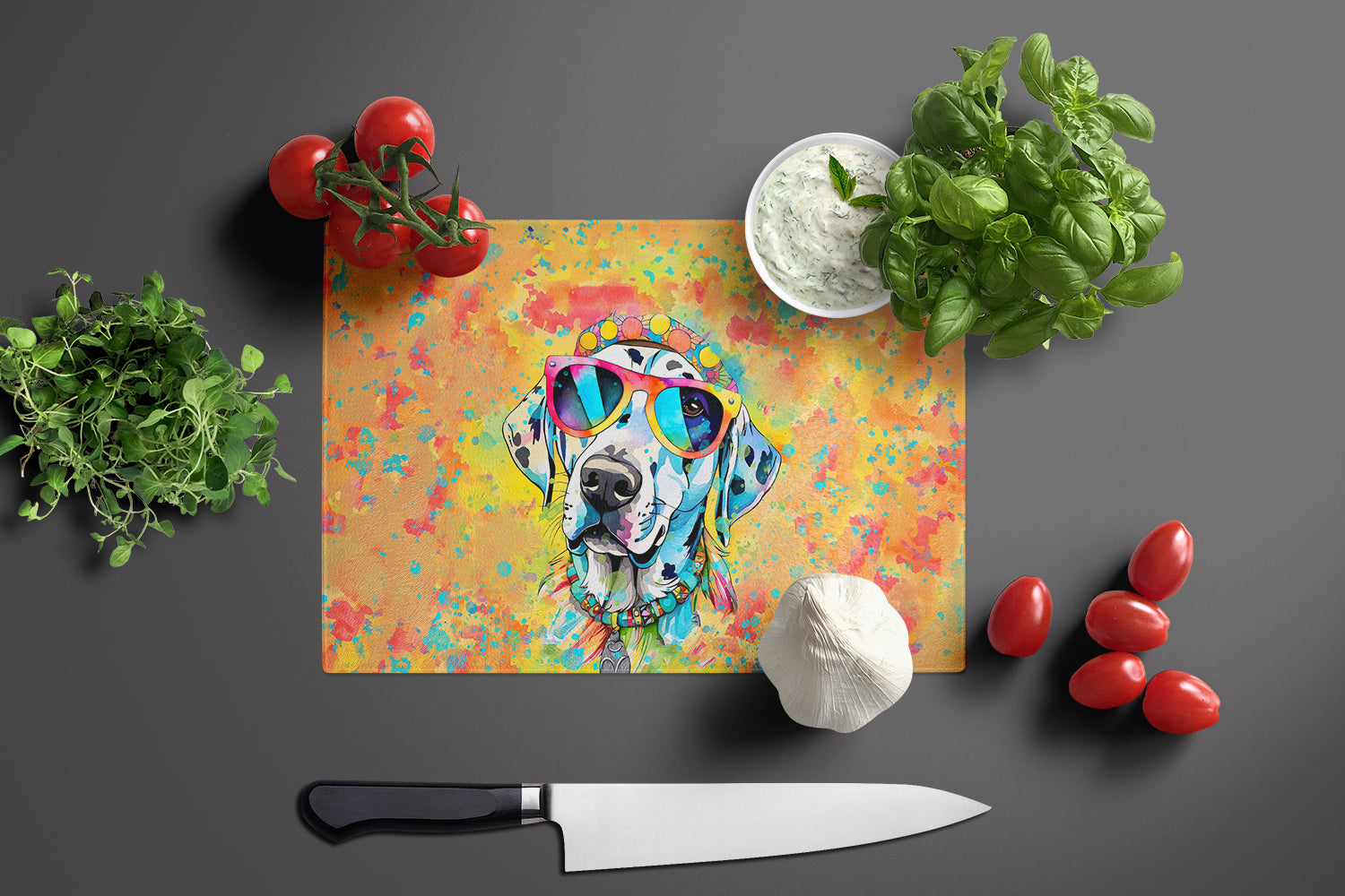 Dalmatian Hippie Dawg Glass Cutting Board Large