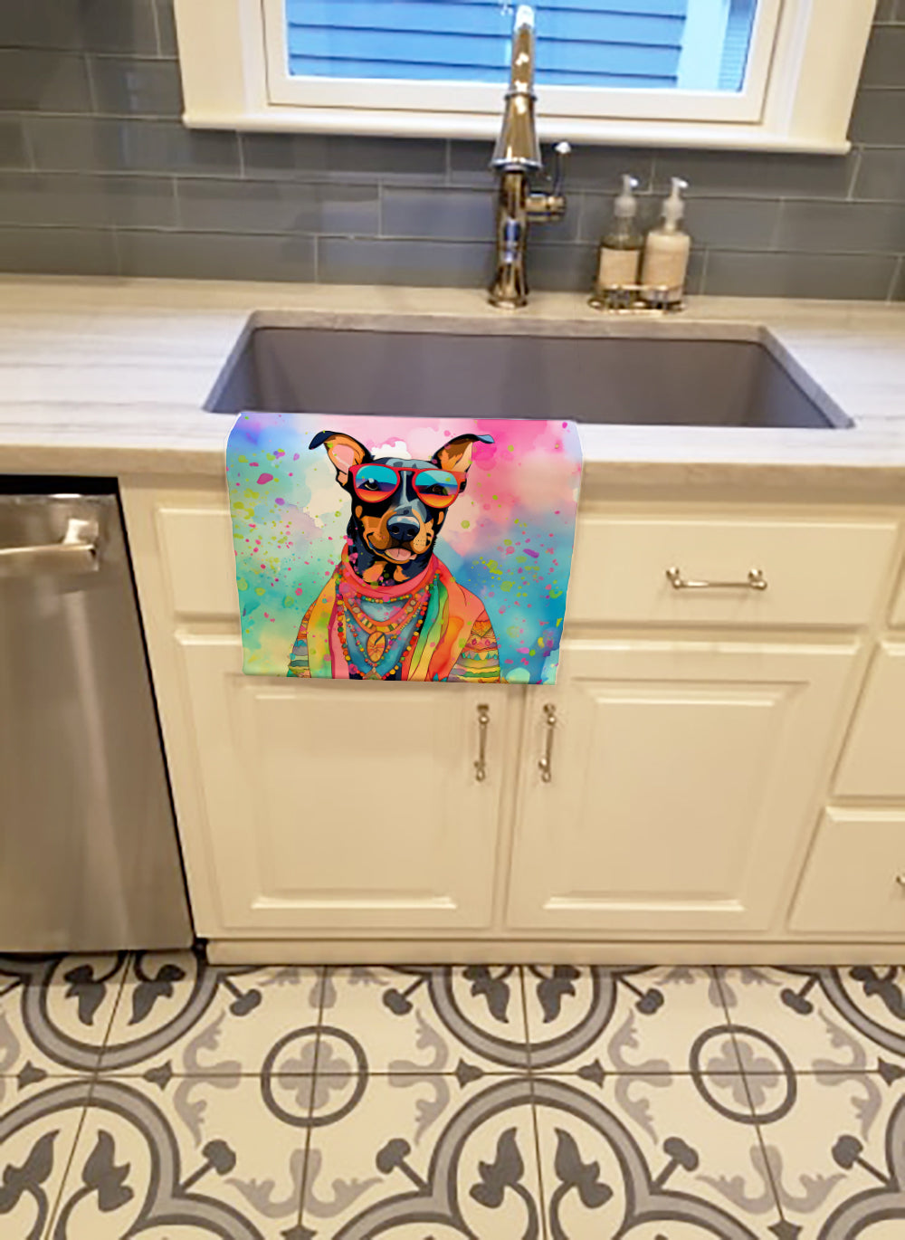 Buy this Doberman Pinscher Hippie Dawg Kitchen Towel