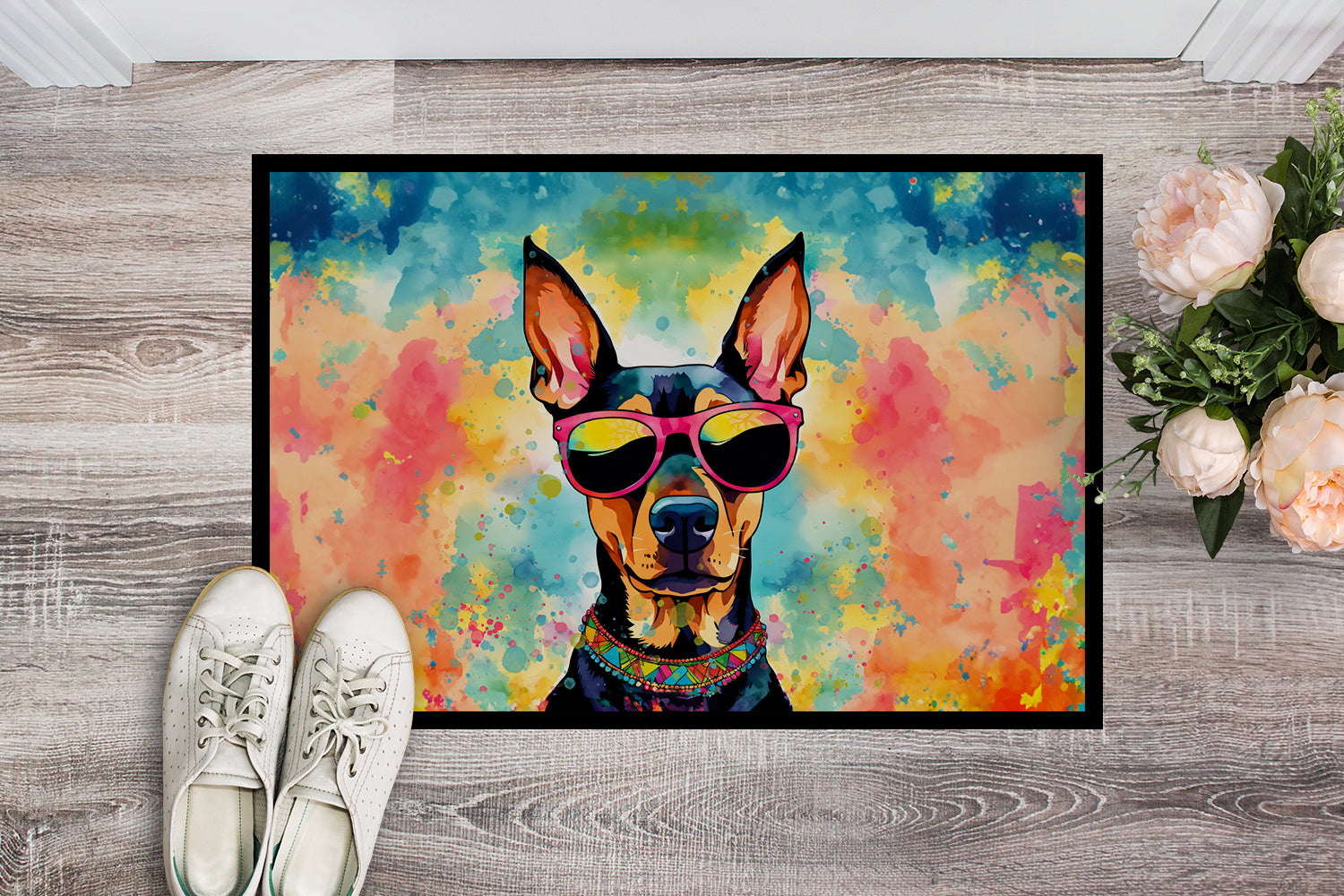 Doberman Pinscher Hippie Dawg Indoor or Outdoor Mat 24x36