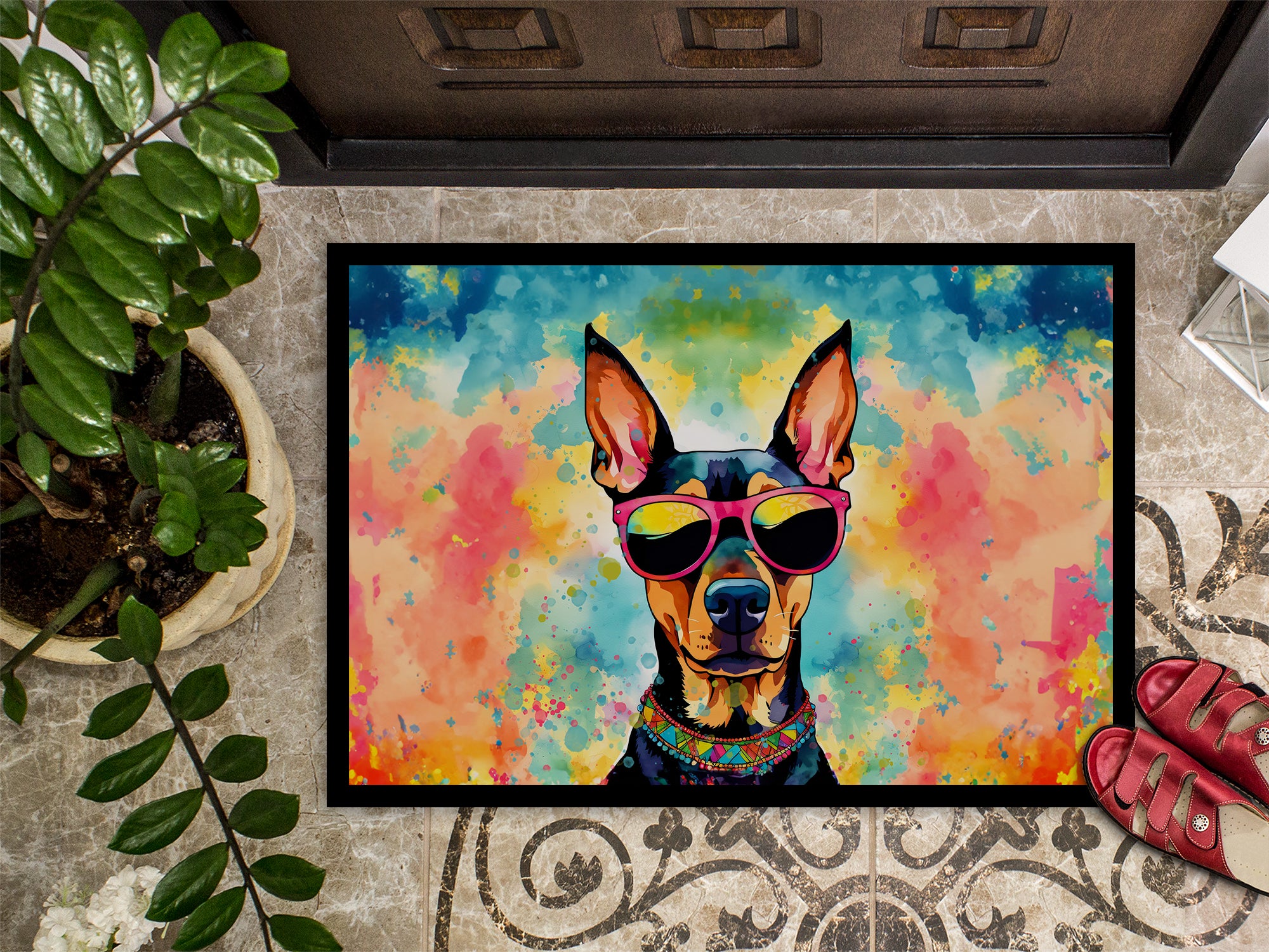 Doberman Pinscher Hippie Dawg Indoor or Outdoor Mat 24x36