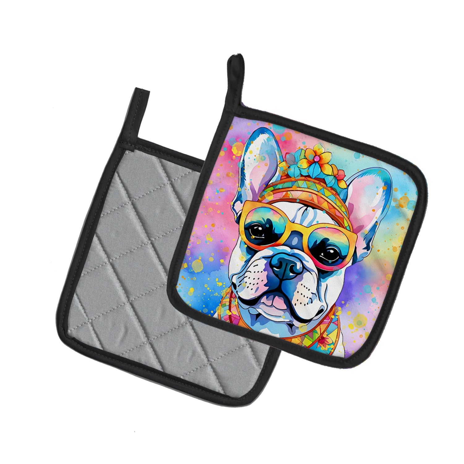 French Bulldog Hippie Dawg Pair of Pot Holders