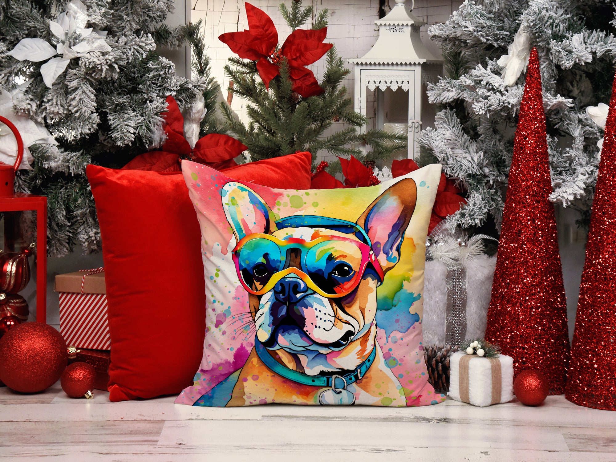 French Bulldog Hippie Dawg Fabric Decorative Pillow