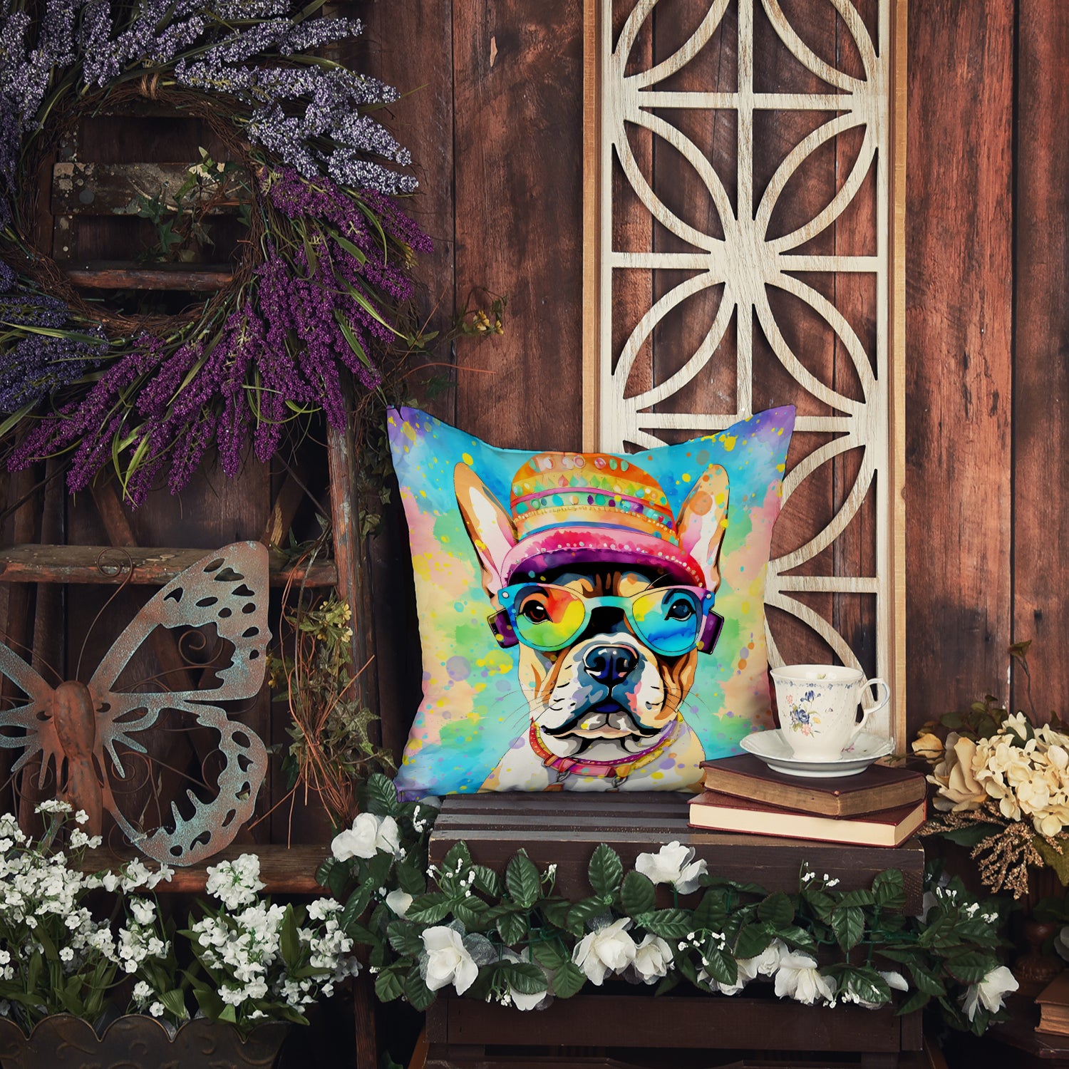 French Bulldog Hippie Dawg Fabric Decorative Pillow