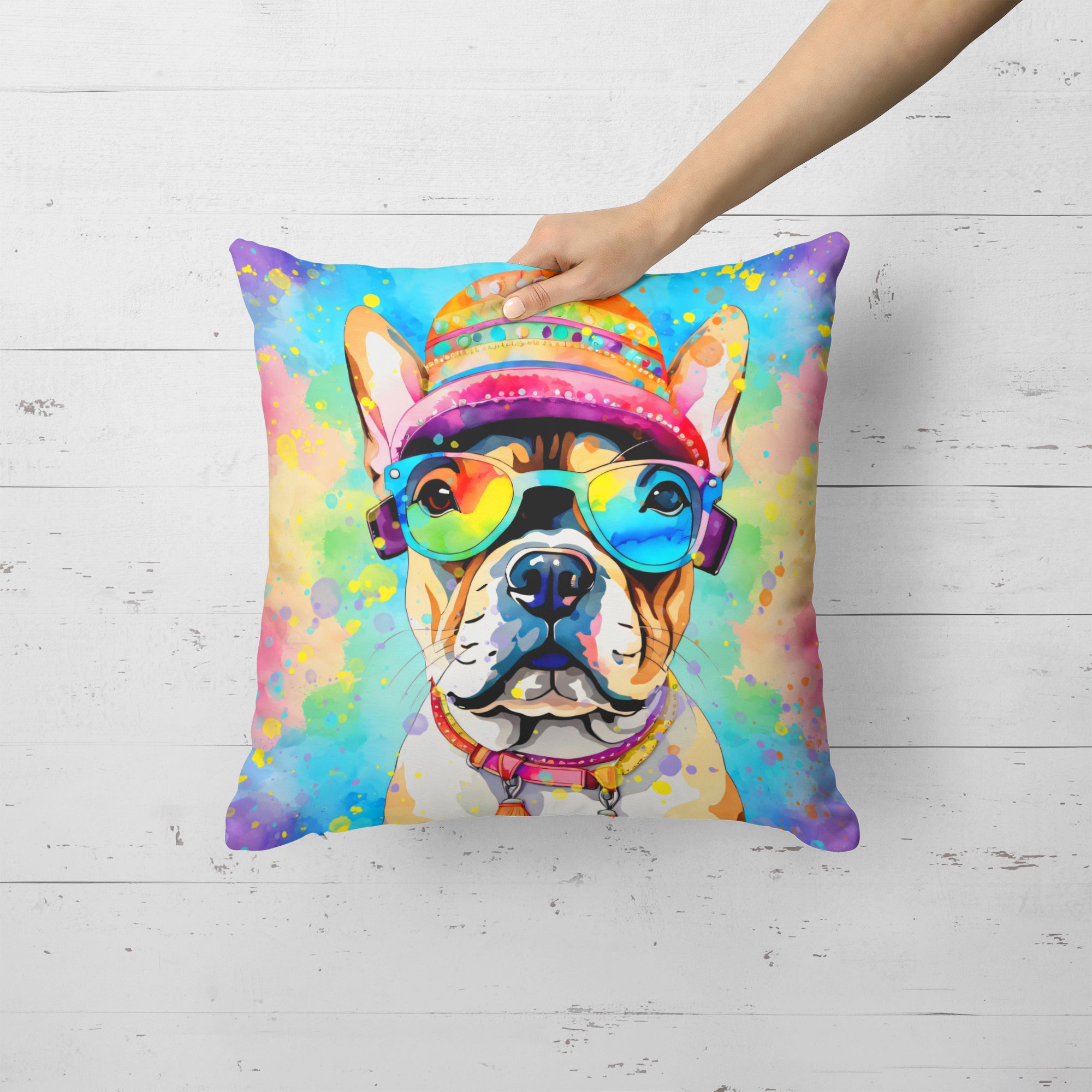 French Bulldog Hippie Dawg Fabric Decorative Pillow  the-store.com.