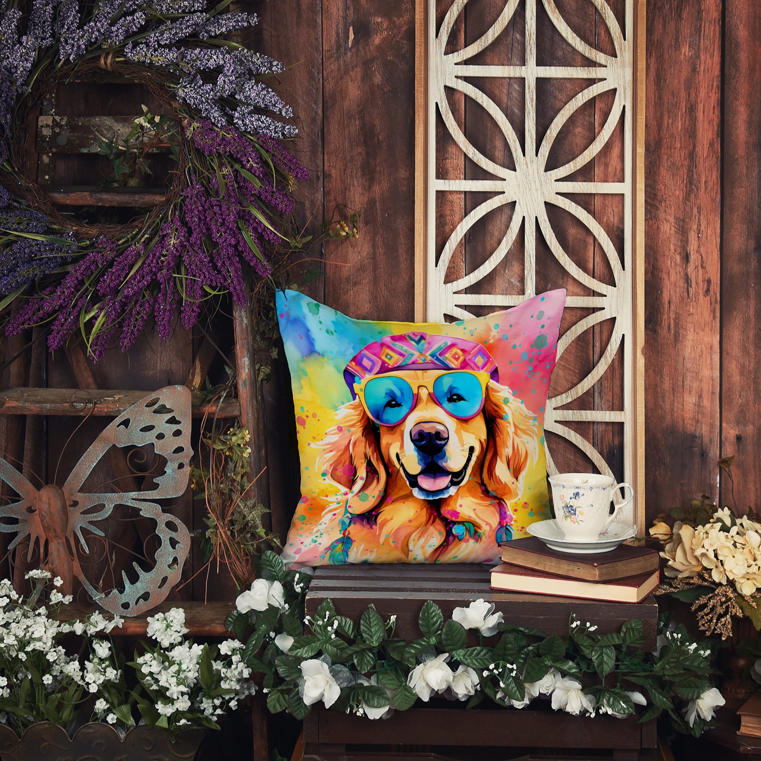Golden Retriever Hippie Dawg Fabric Decorative Pillow  the-store.com.