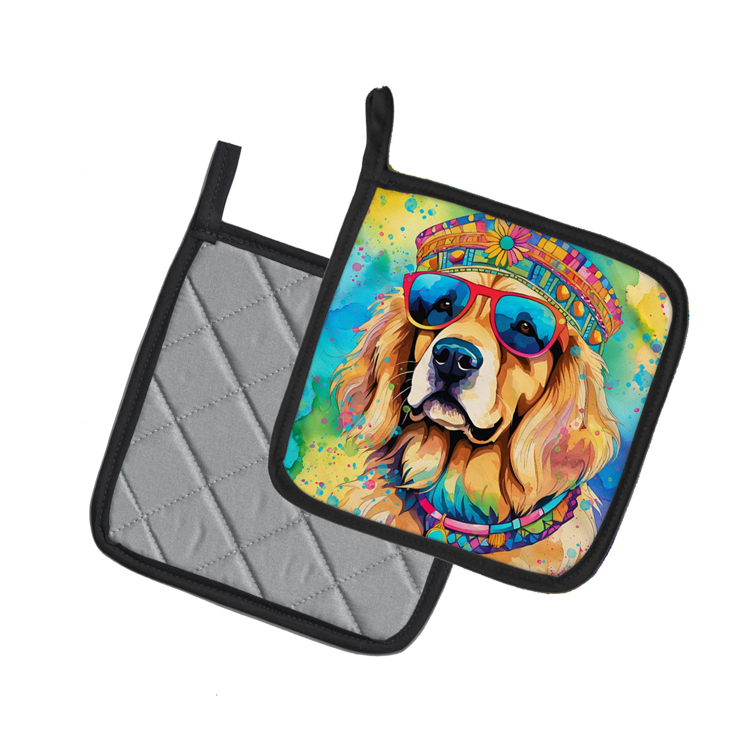 Golden Retriever Hippie Dawg Pair of Pot Holders