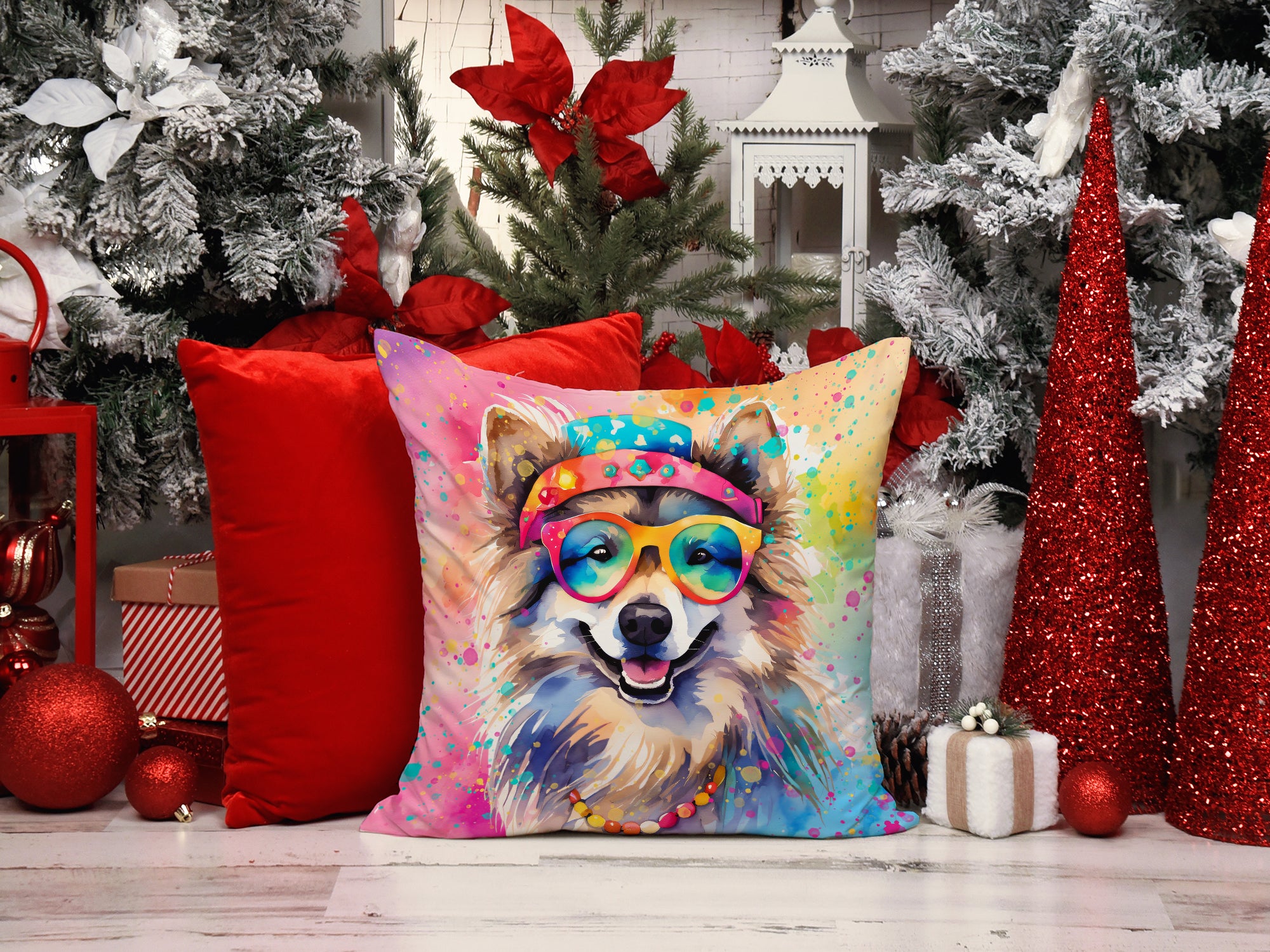 Keeshond Hippie Dawg Fabric Decorative Pillow  the-store.com.