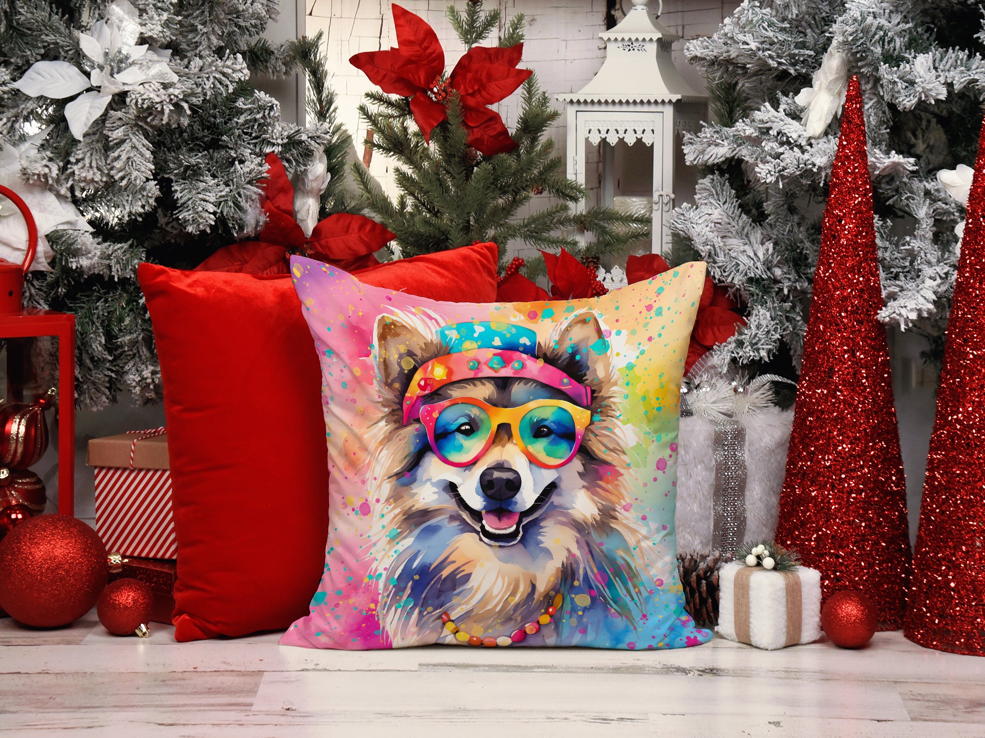 Keeshond Hippie Dawg Fabric Decorative Pillow