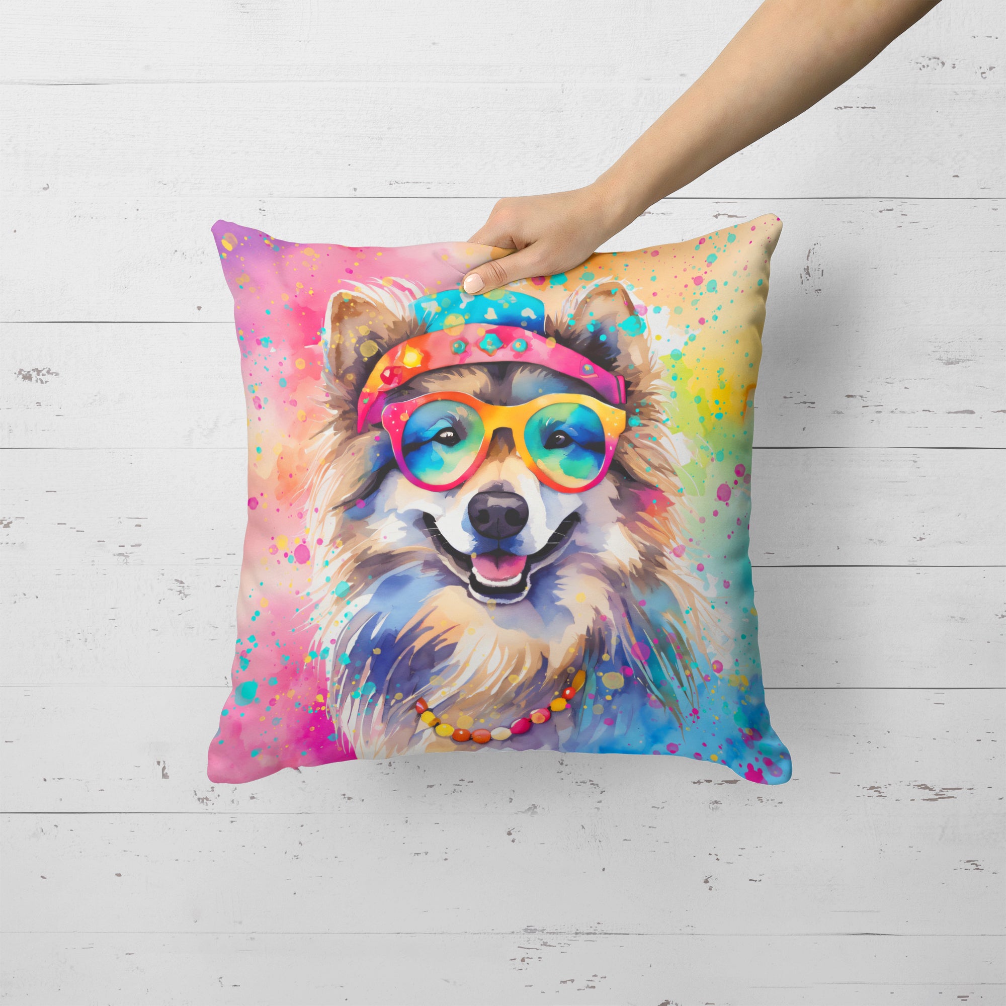 Keeshond Hippie Dawg Fabric Decorative Pillow