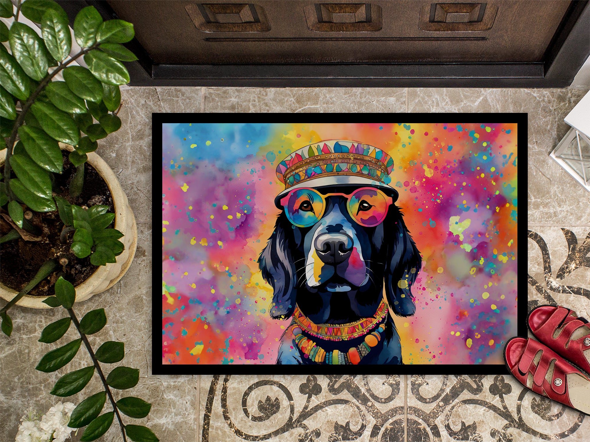 Black Labrador Hippie Dawg Indoor or Outdoor Mat 24x36