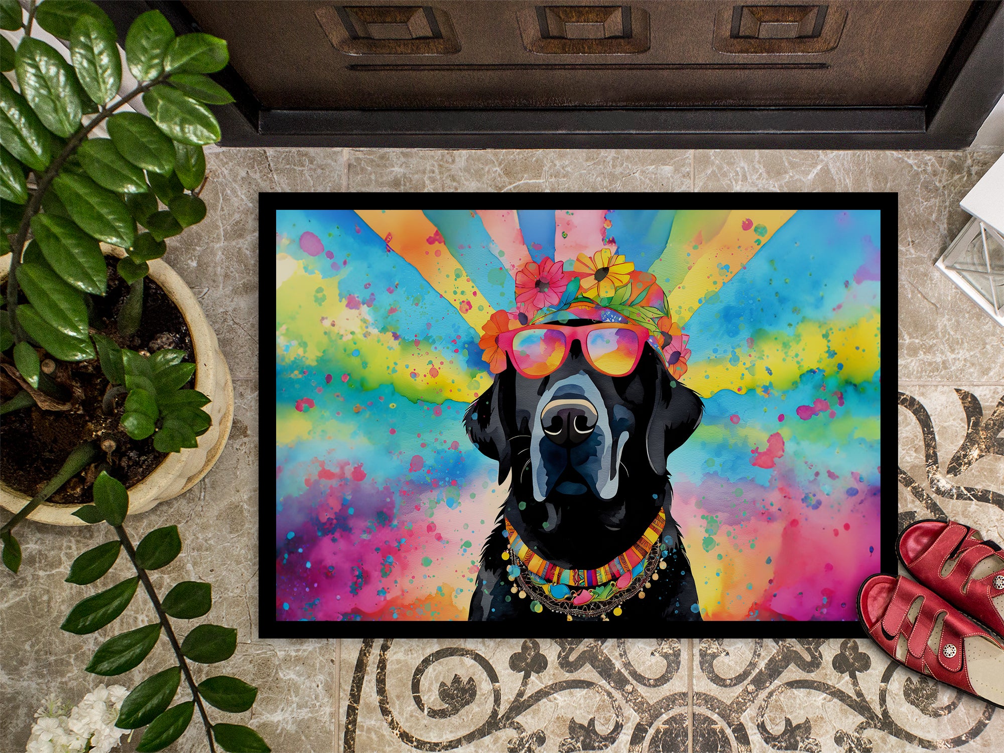 Black Labrador Hippie Dawg Indoor or Outdoor Mat 24x36