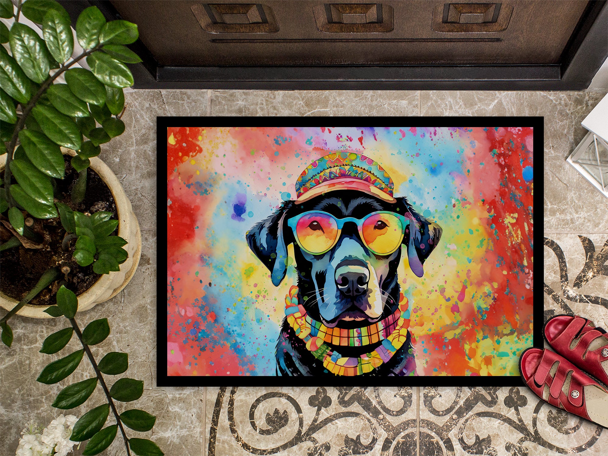 Black Labrador Hippie Dawg Indoor or Outdoor Mat 24x36