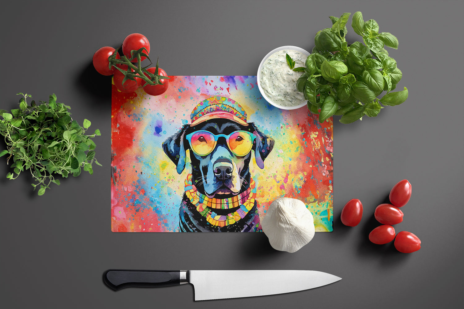 Black Labrador Hippie Dawg Glass Cutting Board Large