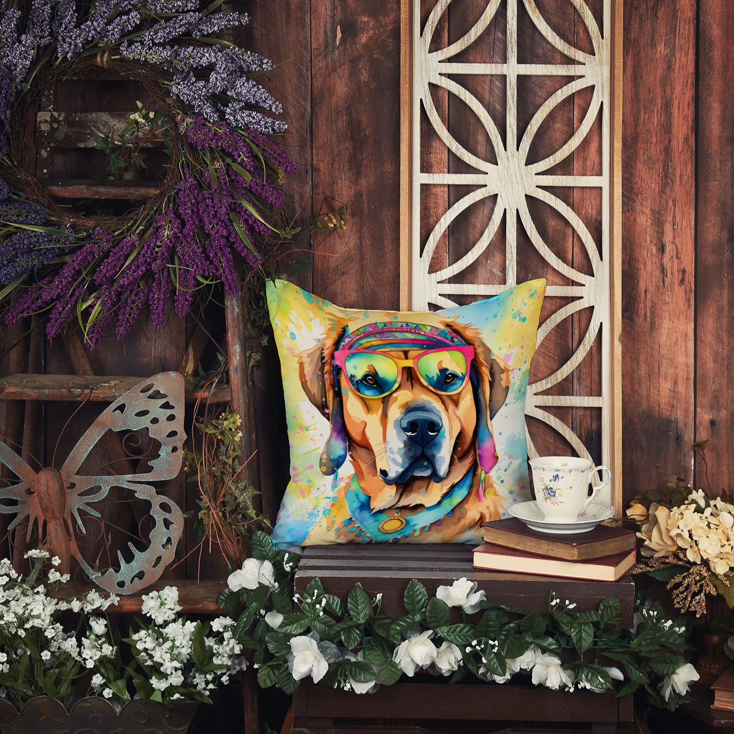 Mastiff Hippie Dawg Fabric Decorative Pillow  the-store.com.
