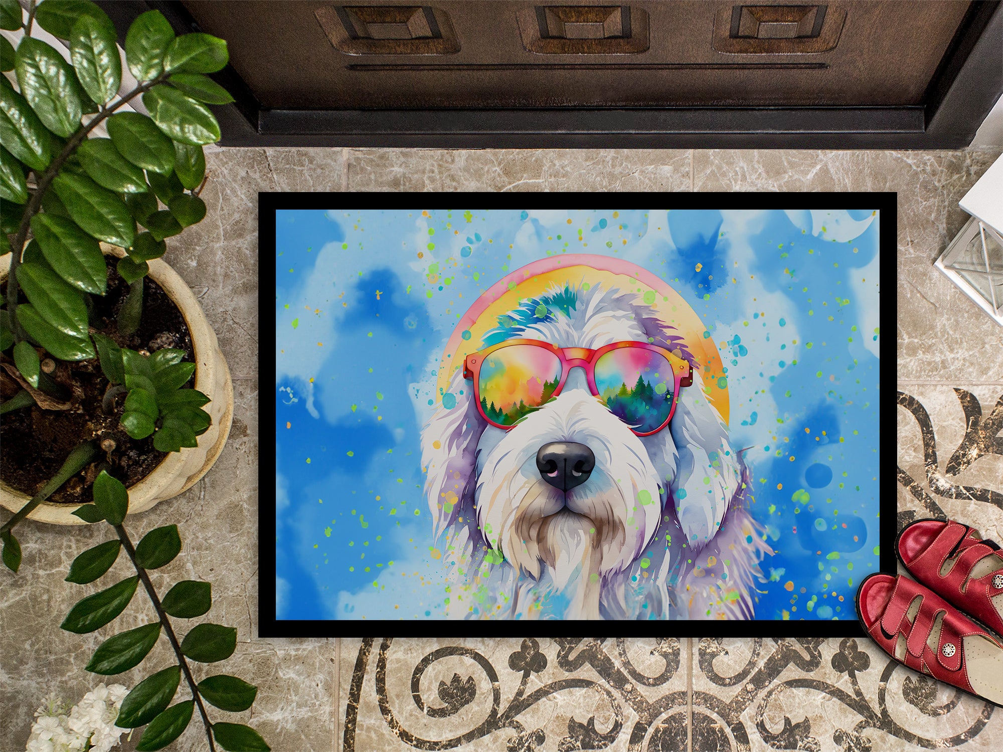 Old English Sheepdog Hippie Dawg Indoor or Outdoor Mat 24x36