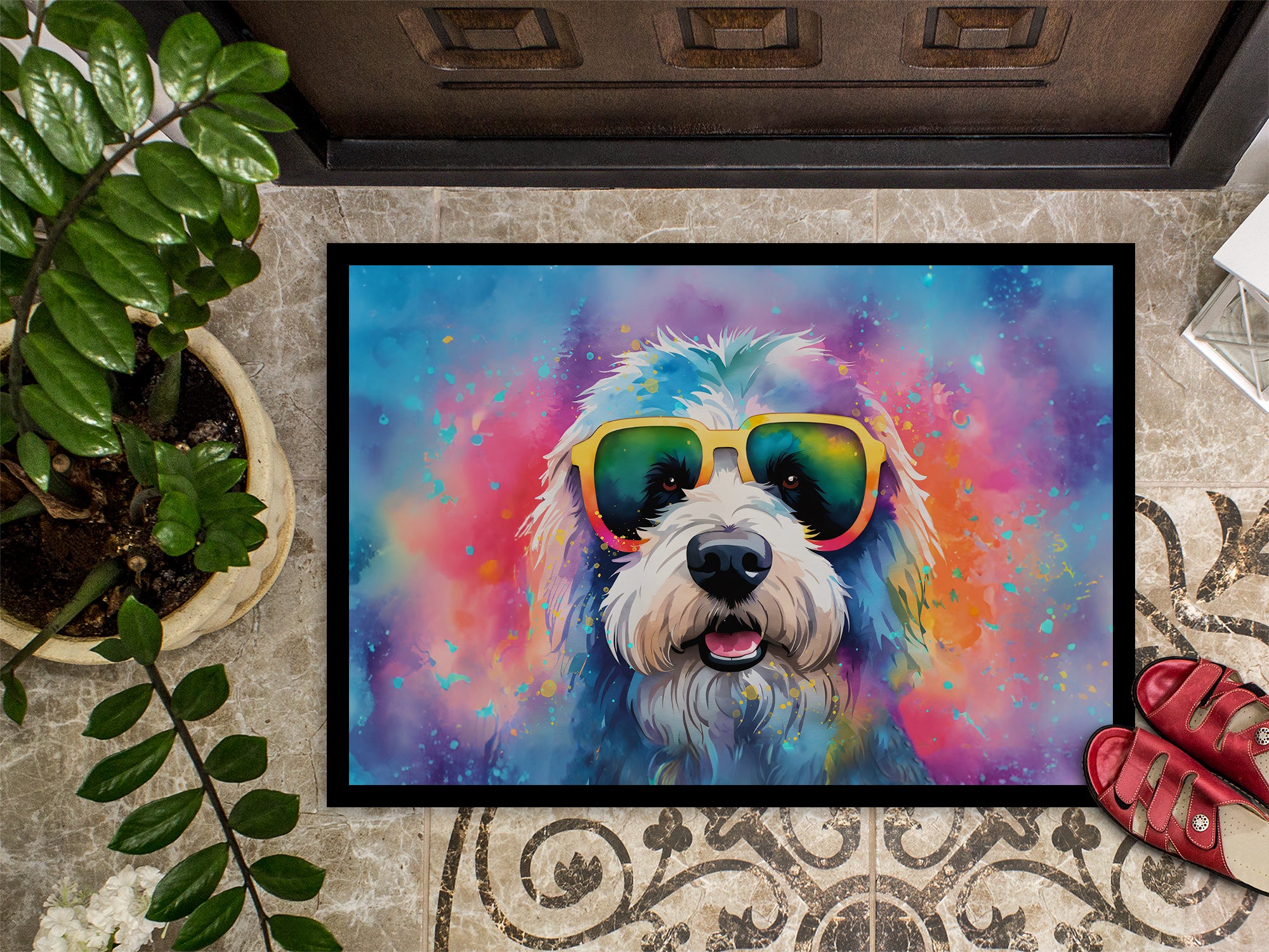 Old English Sheepdog Hippie Dawg Indoor or Outdoor Mat 24x36