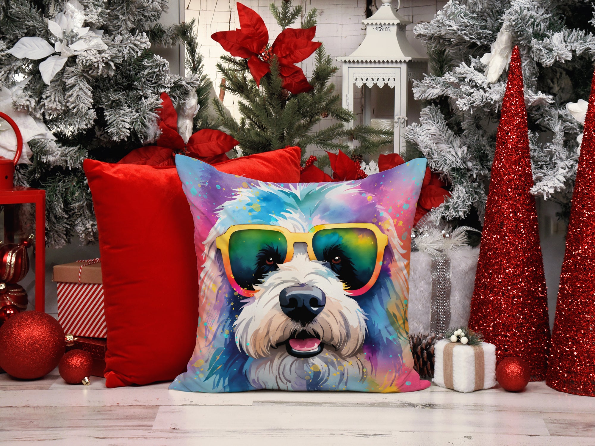 Old English Sheepdog Hippie Dawg Fabric Decorative Pillow  the-store.com.
