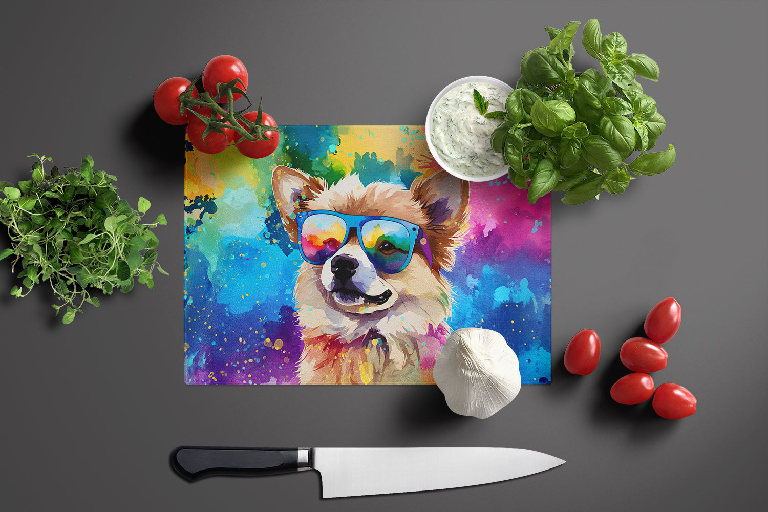 Pomeranian Hippie Dawg Glass Cutting Board Large