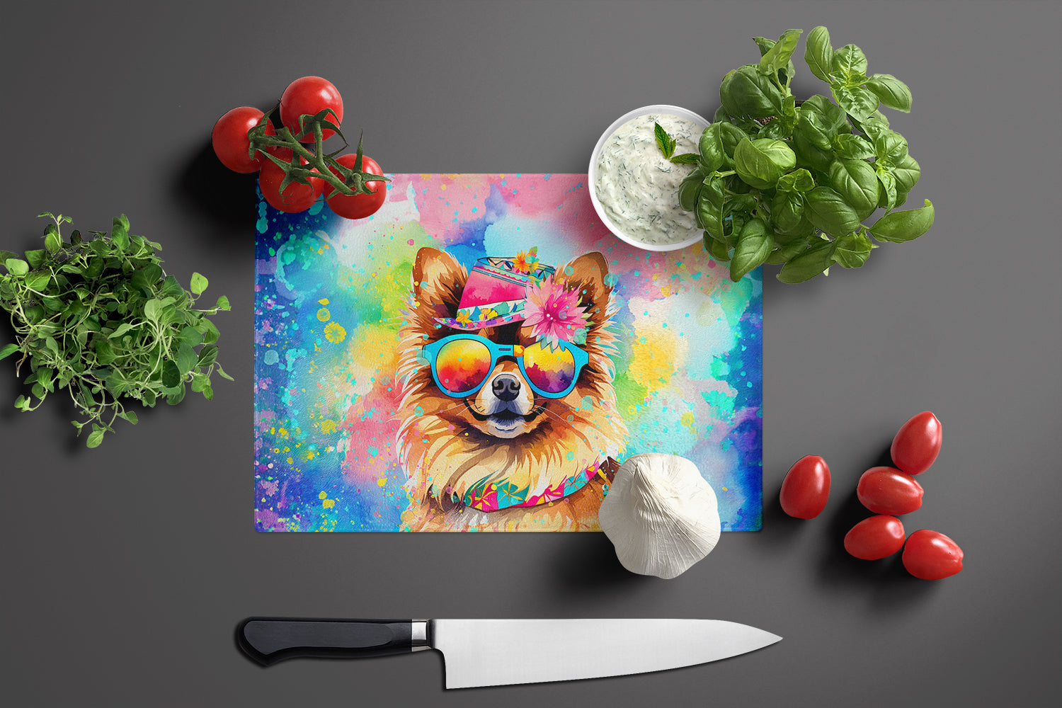 Pomeranian Hippie Dawg Glass Cutting Board Large