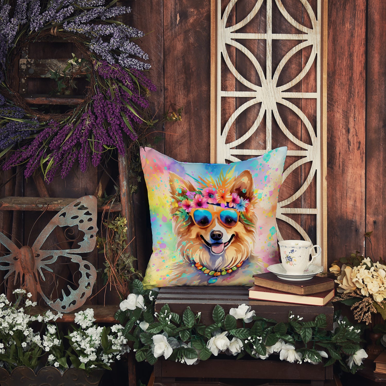 Pomeranian Hippie Dawg Fabric Decorative Pillow